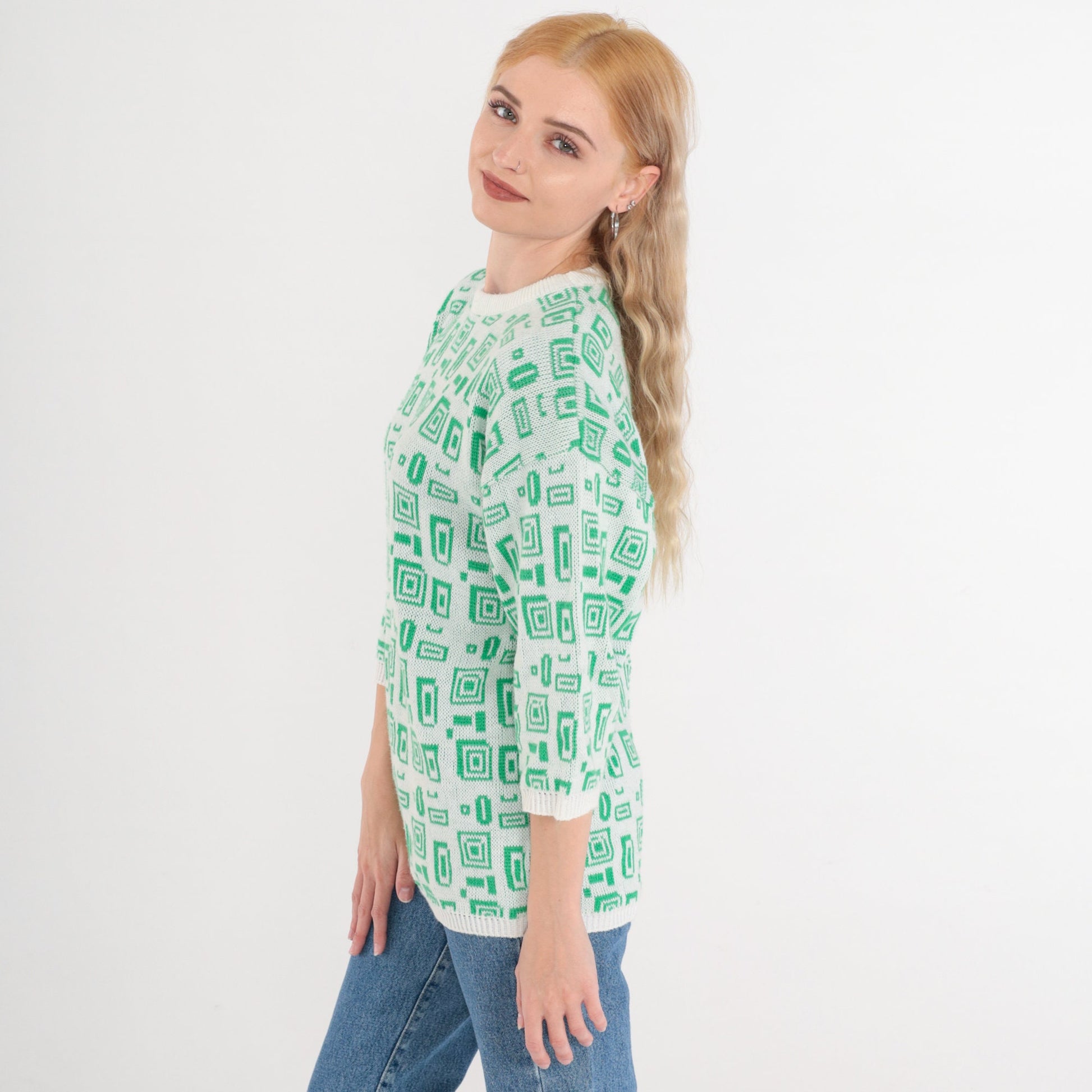 80s Helen Harper Geometric Square Knit Sweater White Green 3/4 Sleeve Small