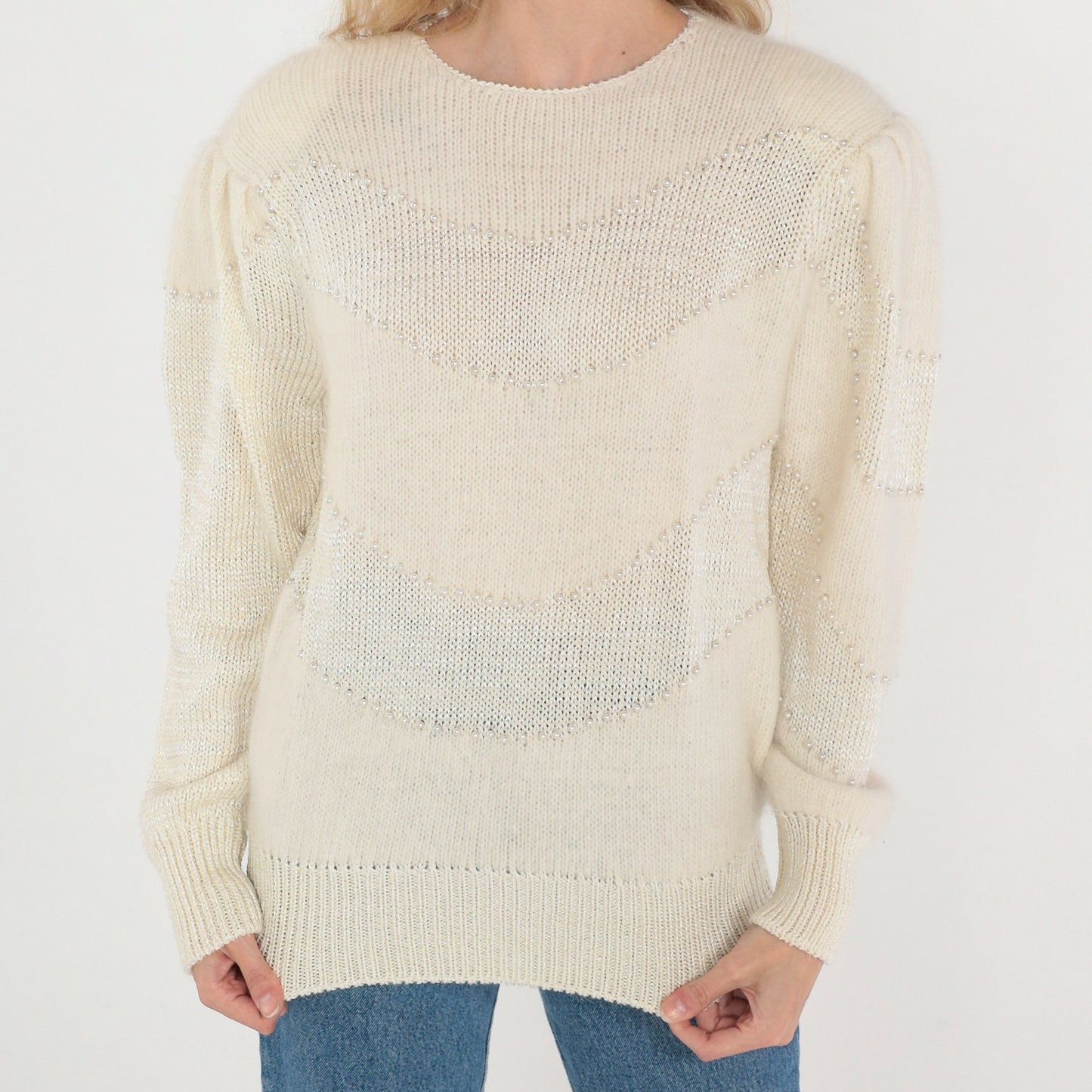 80s Pearl Beaded Off-White Mohair Knit Sweater Puff Sleeve Crewneck Medium M