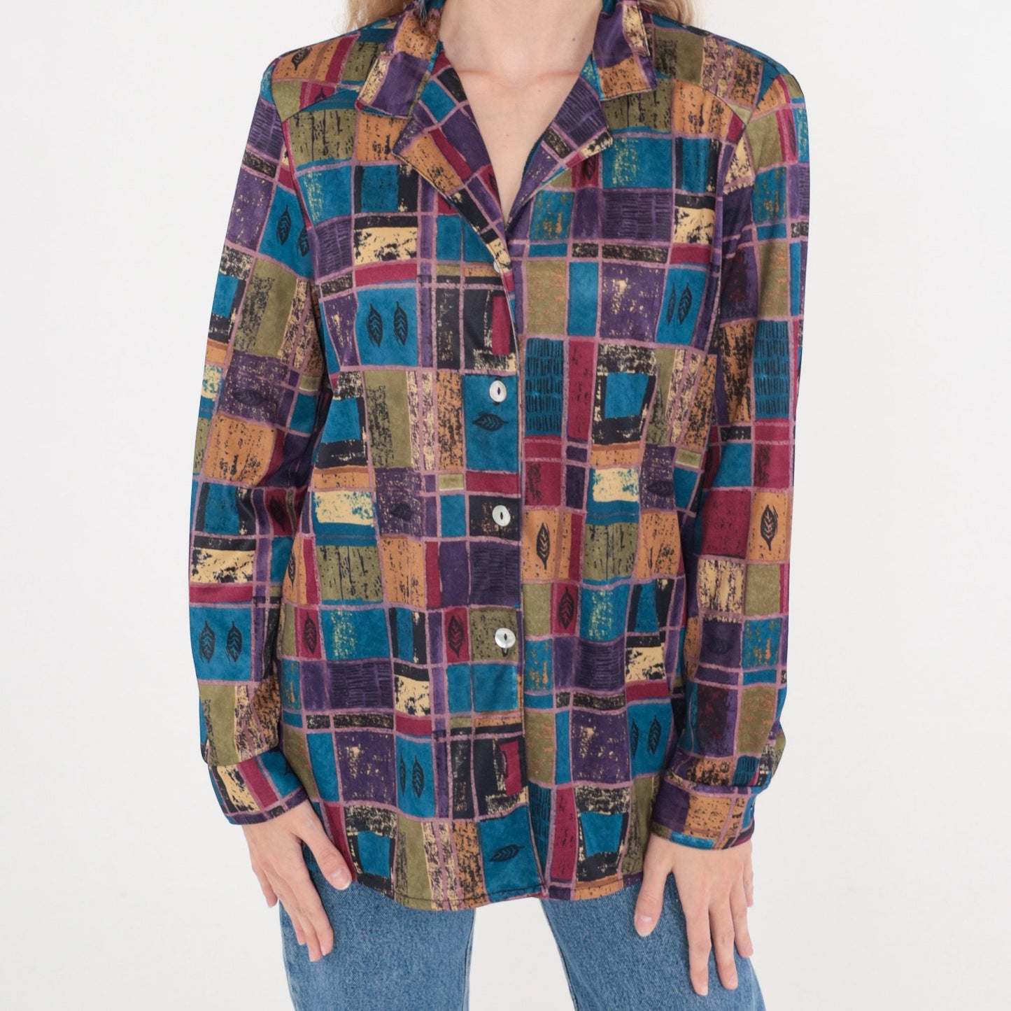 80s Multicolor Leaf Checkered Button-Up Blouse Long Sleeve Medium Large