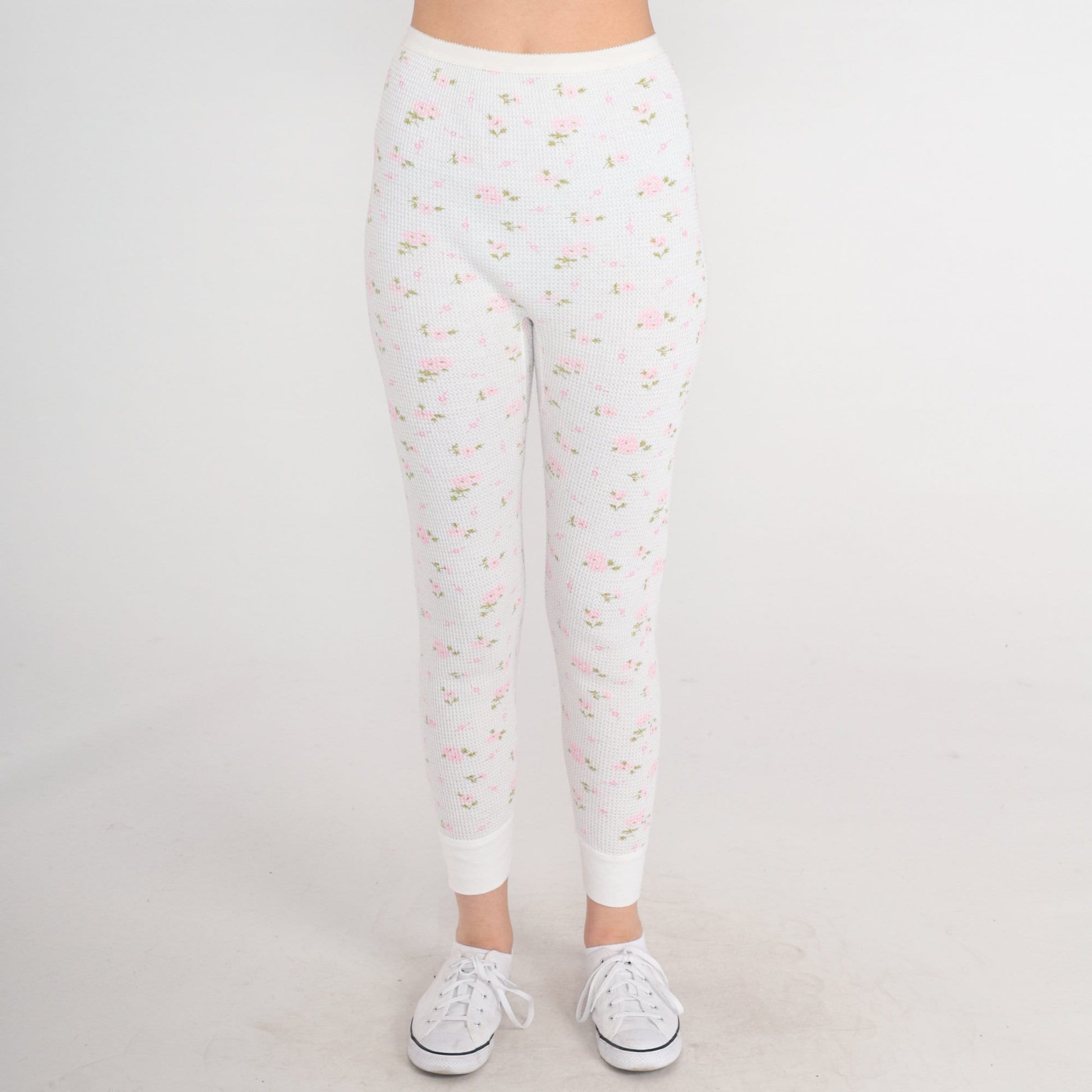 80s Lady Arctex Floral Thermal Pants White Waffle Knit Pink Print XS