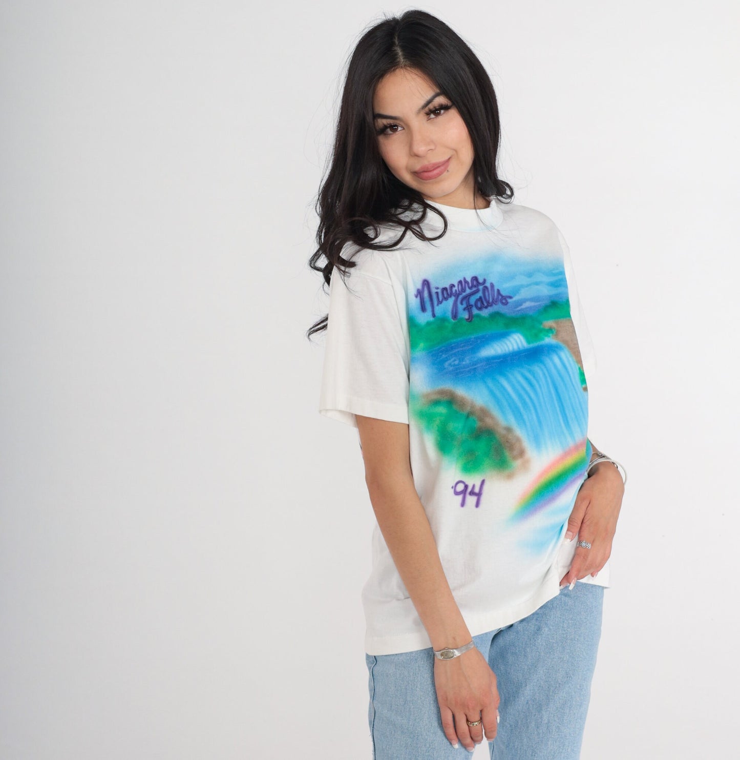 90s Niagara Falls Airbrush T-Shirt Rainbow Waterfall Graphic Tee White Large L