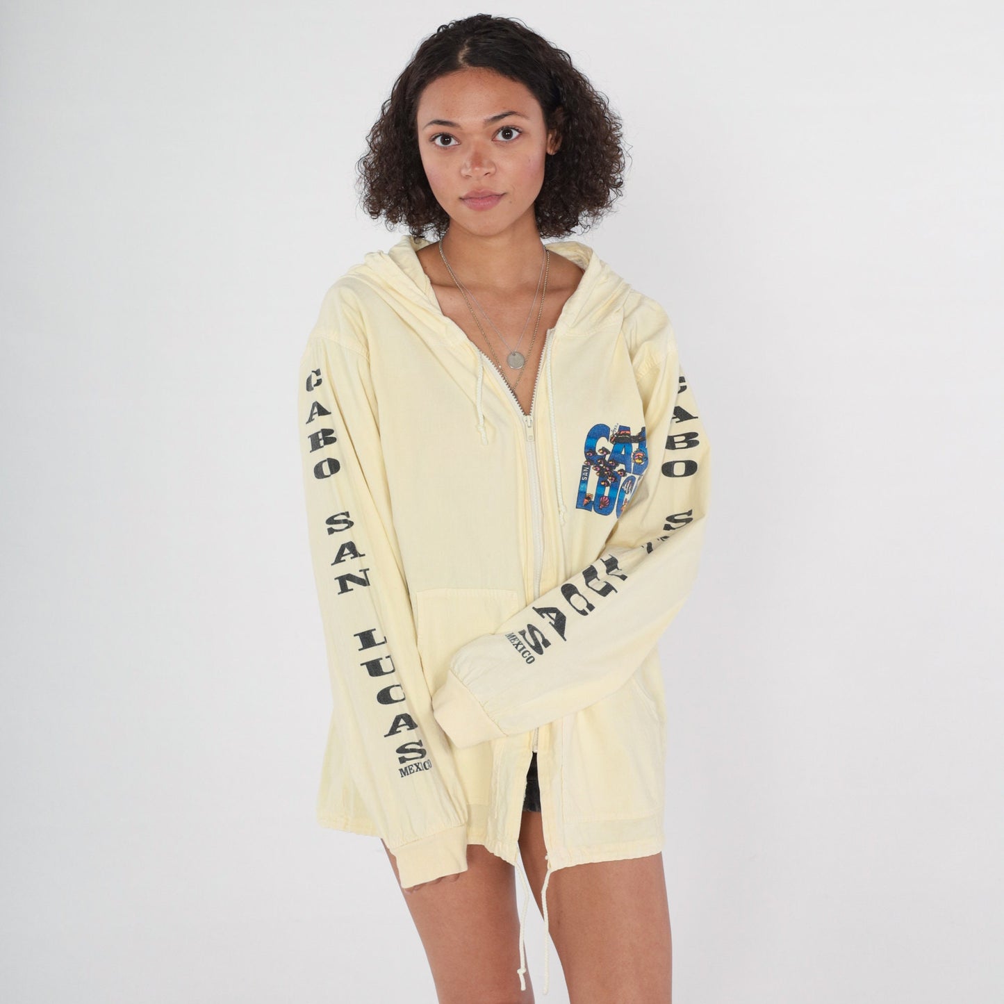 90s Cabo San Lucas Windbreaker Jacket Pale Yellow Hooded Cotton XL