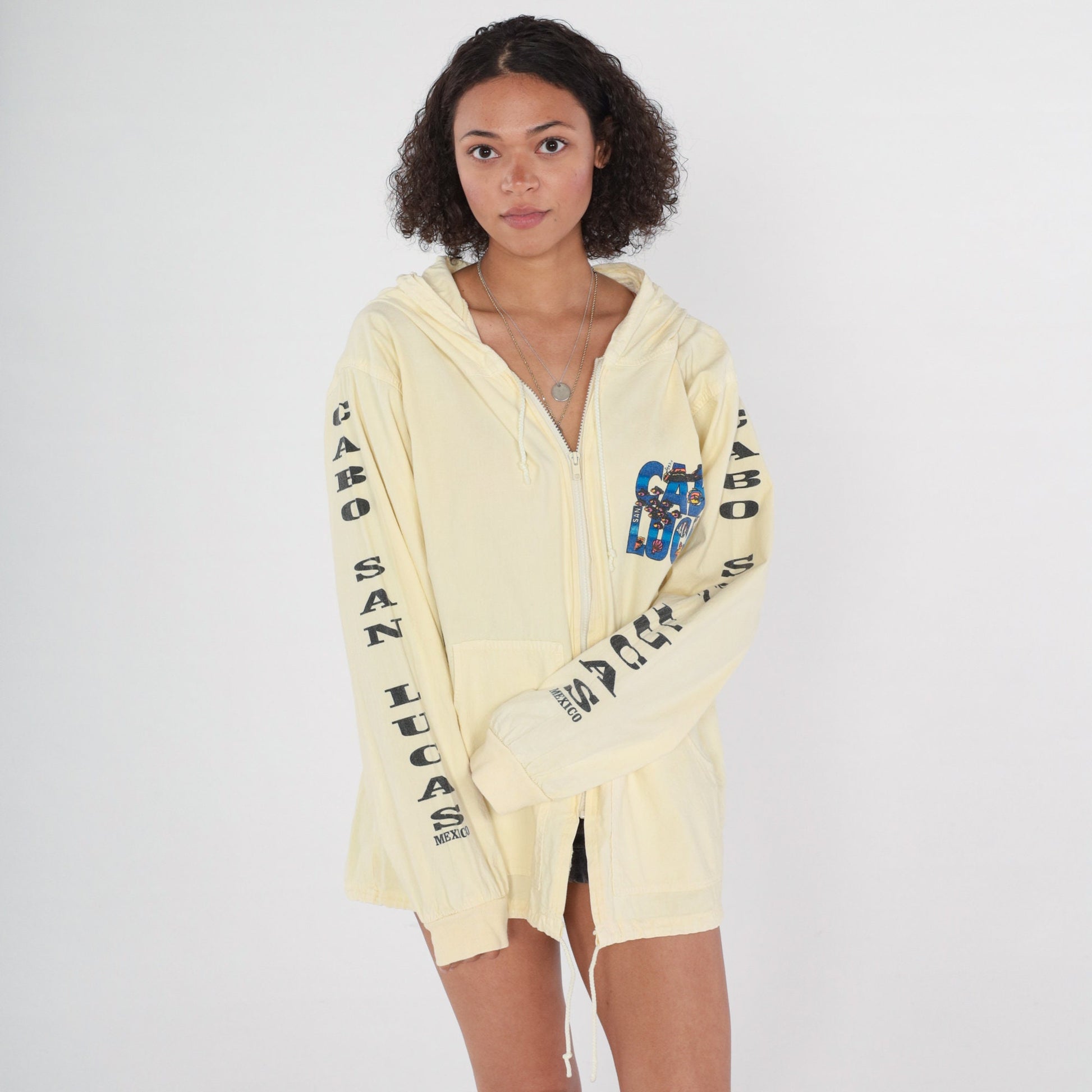 90s Cabo San Lucas Windbreaker Jacket Pale Yellow Hooded Cotton XL