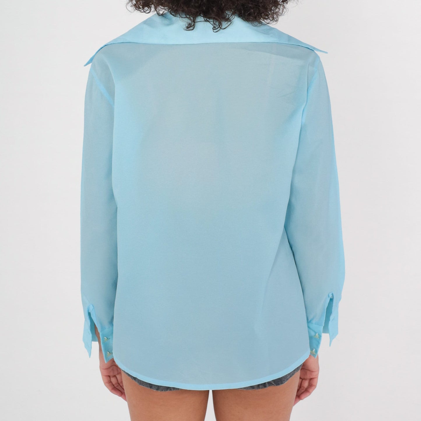 70s Blue Dagger Collar Button-Up Blouse Long Sleeve Semi-Sheer Medium