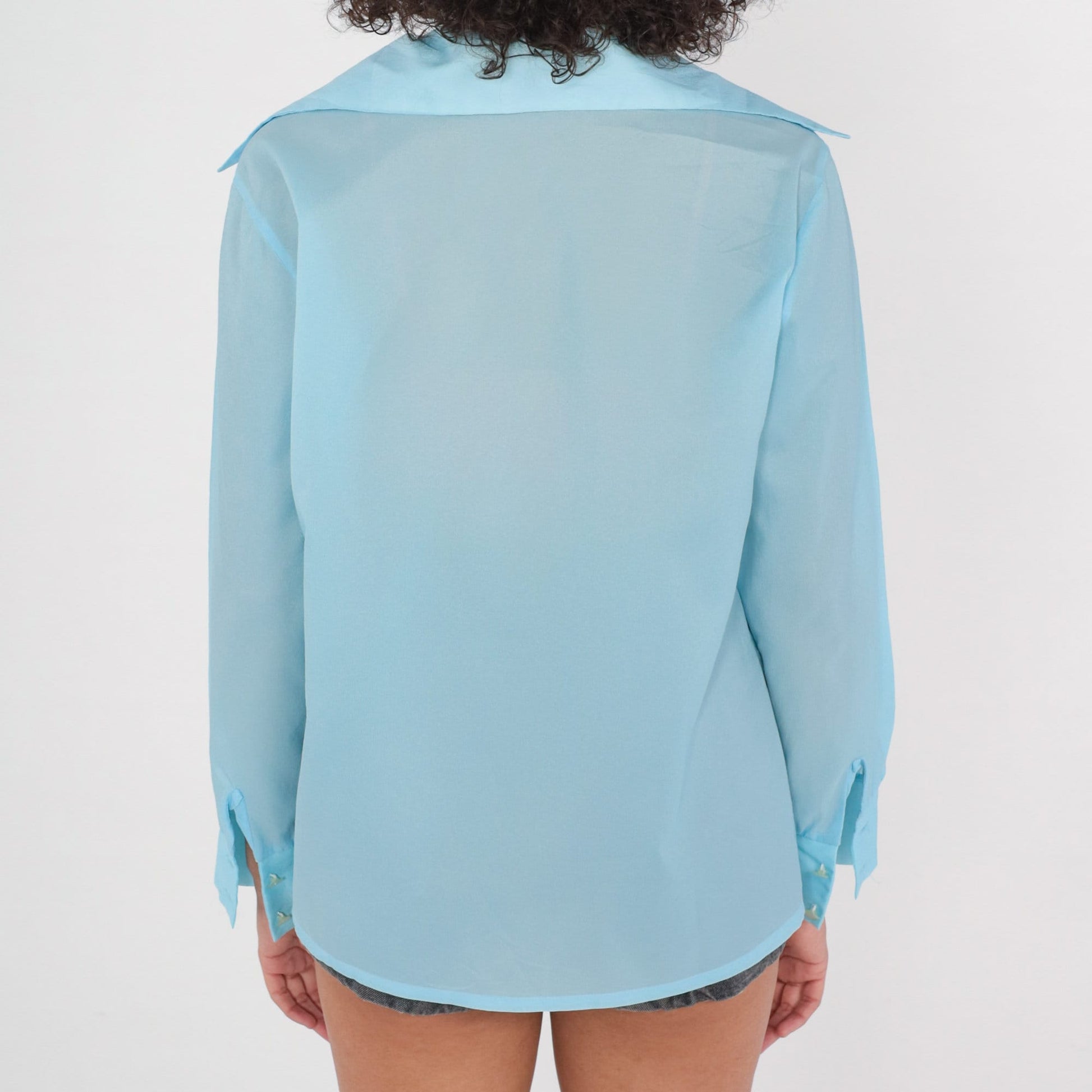 70s Blue Dagger Collar Button-Up Blouse Long Sleeve Semi-Sheer Medium