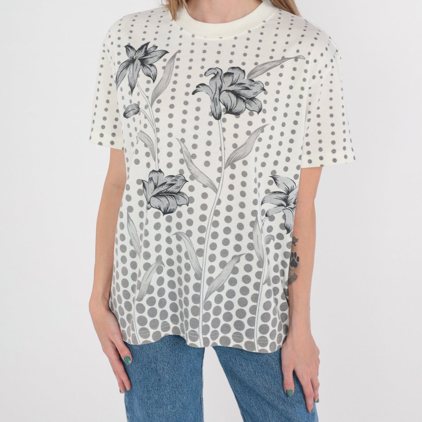 90s Floral Polka Dot Graphic Tee White Grey Cotton T-Shirt Large L
