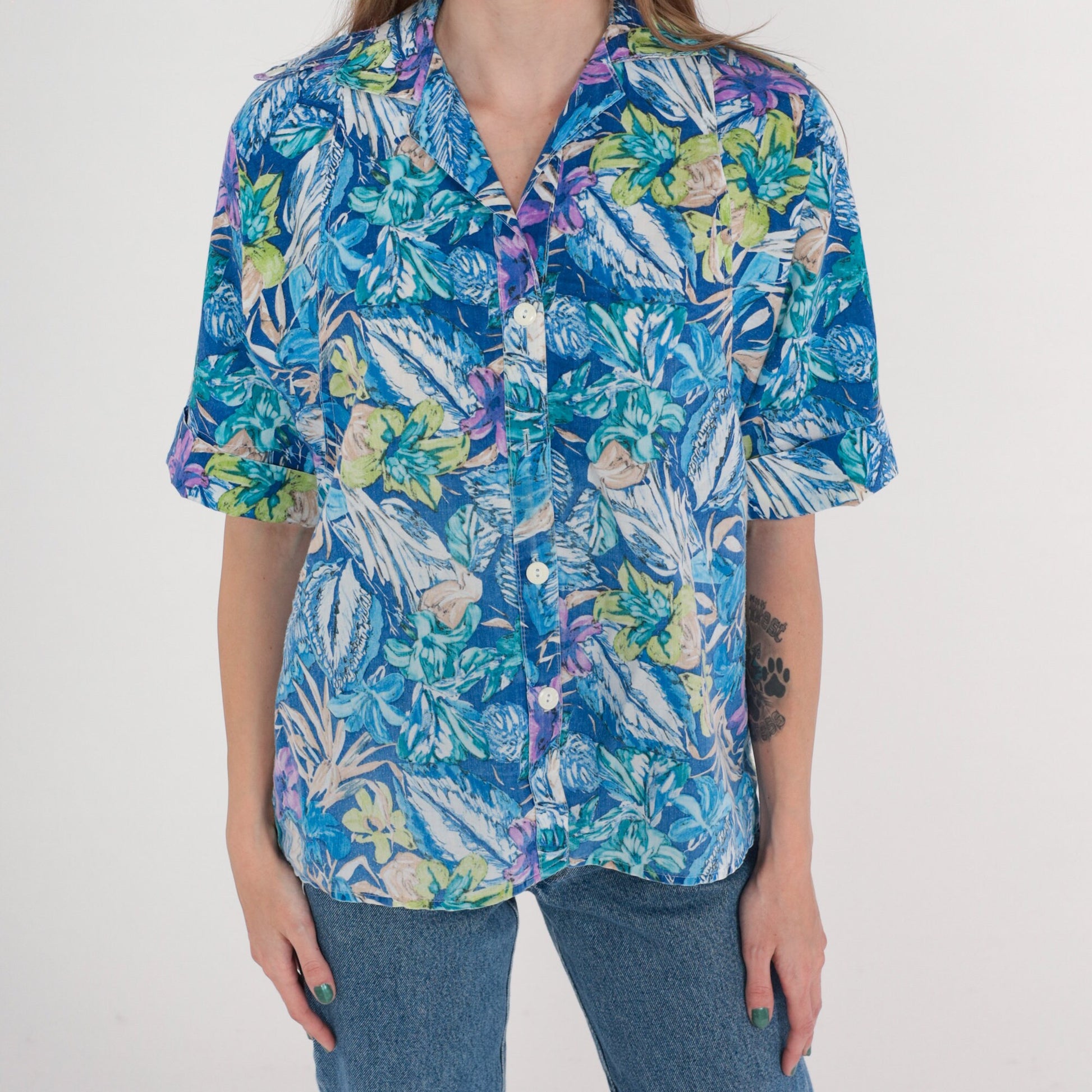 90s Blue Floral Button-Up Blouse Short Cuffed Sleeve Green Purple Leaf Print Medium M