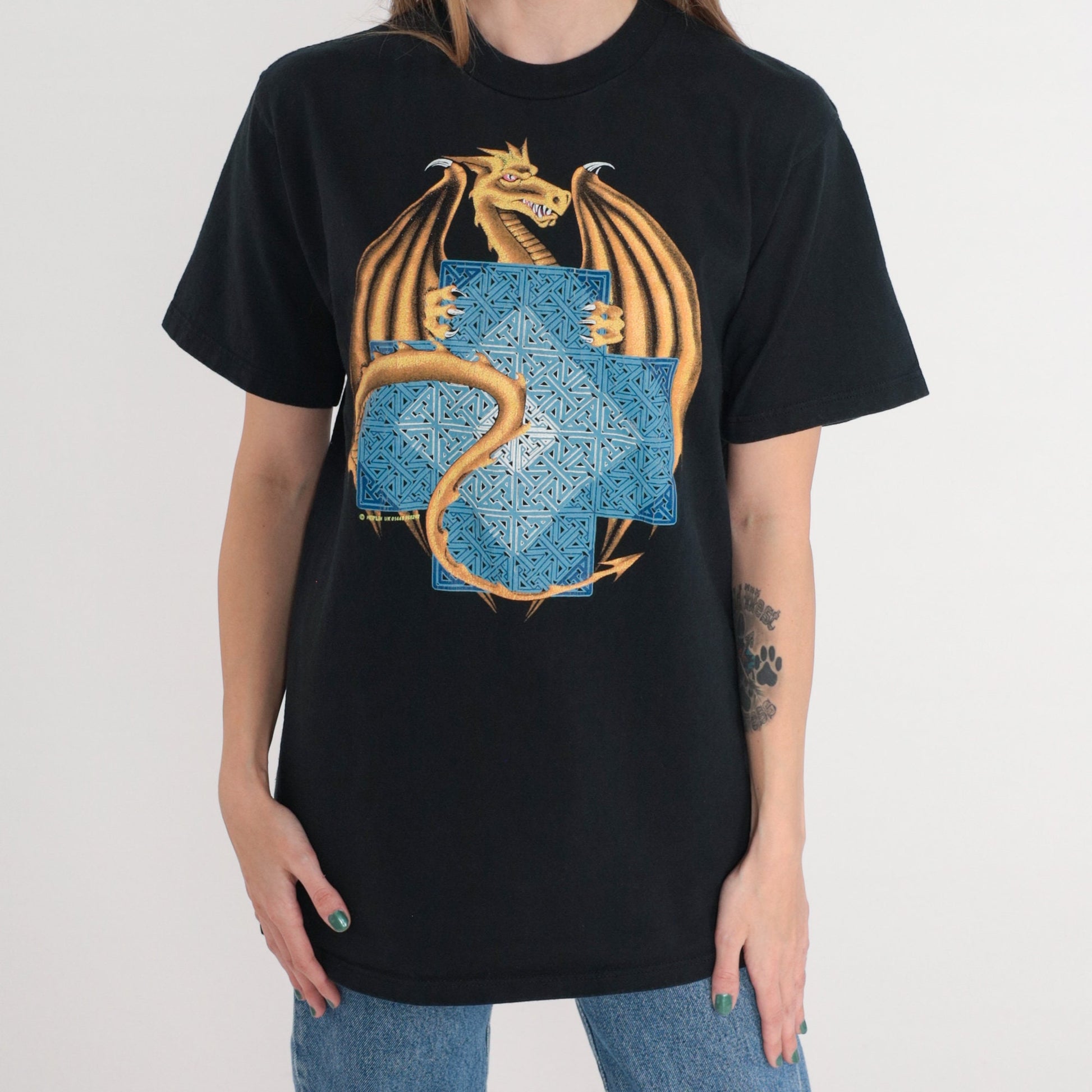 90s Dragon Sacred Geometry Graphic T-Shirt Black Medium M