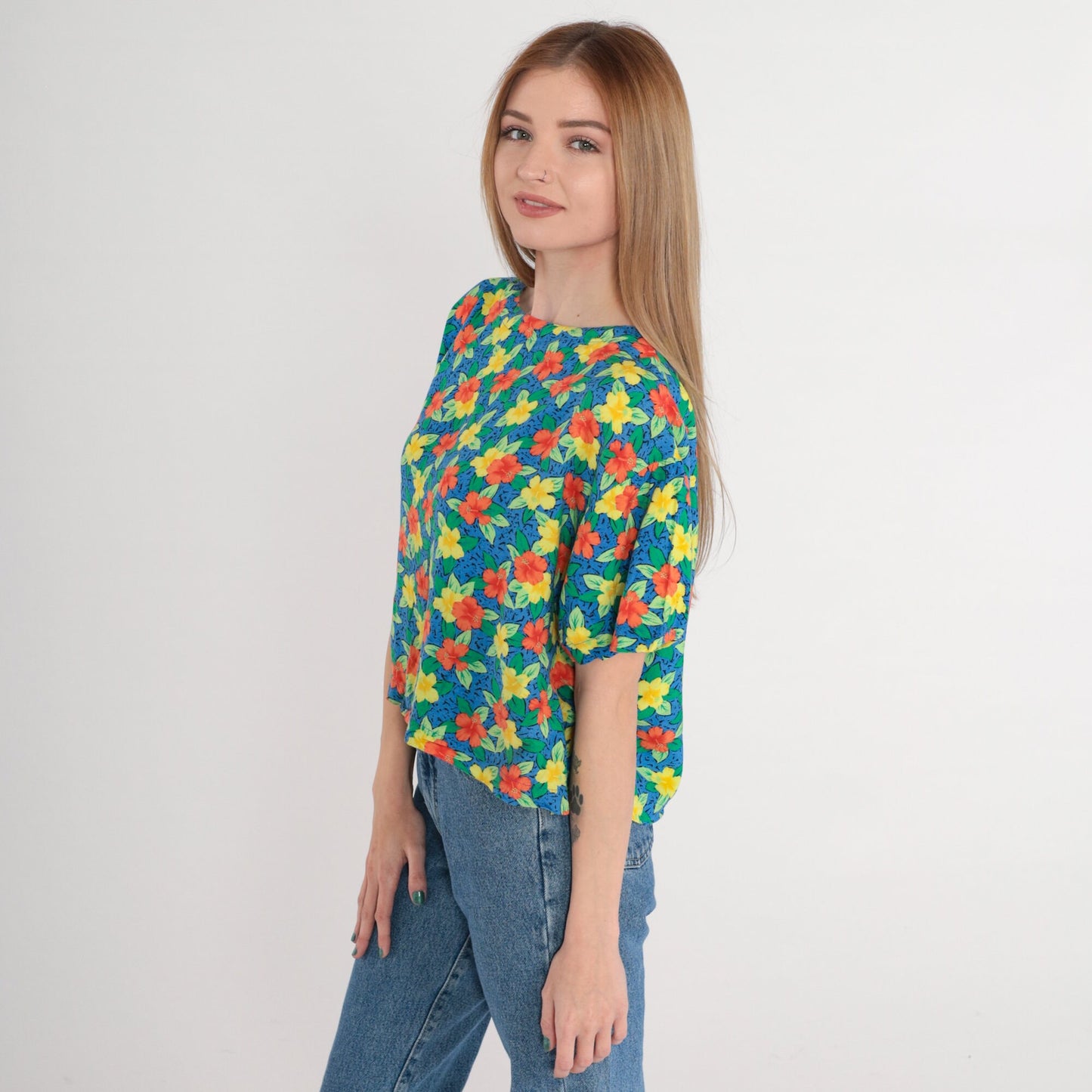90s Tropical Hibiscus Floral Rayon Shirt Blue Short Sleeve Small