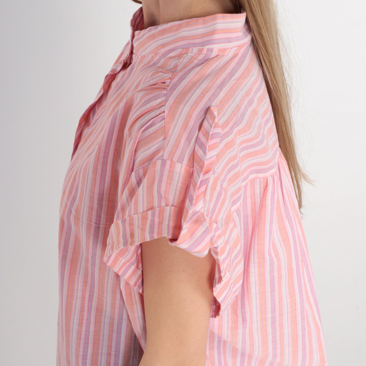 80s Striped Half-Button Blouse Pink Orange Purple Cap Sleeve Extra Large XXL