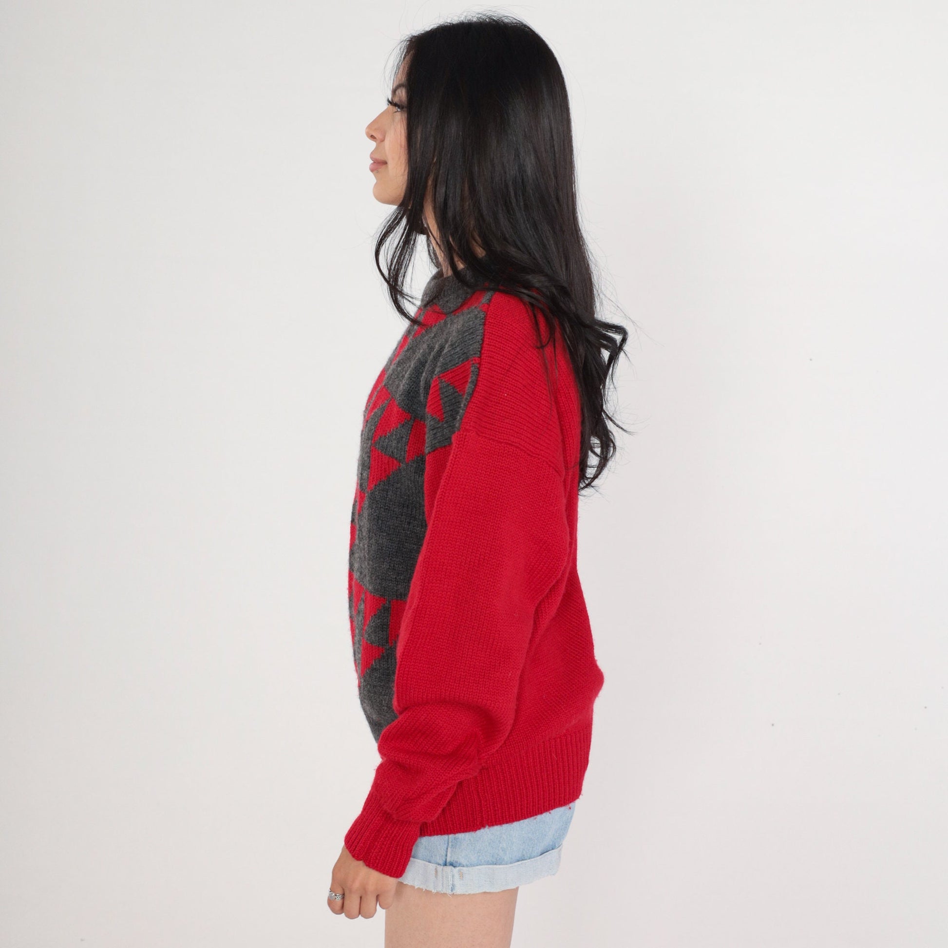 80s Pringle of Scotland Wool Geometric Sweater Red Grey Crewneck Medium