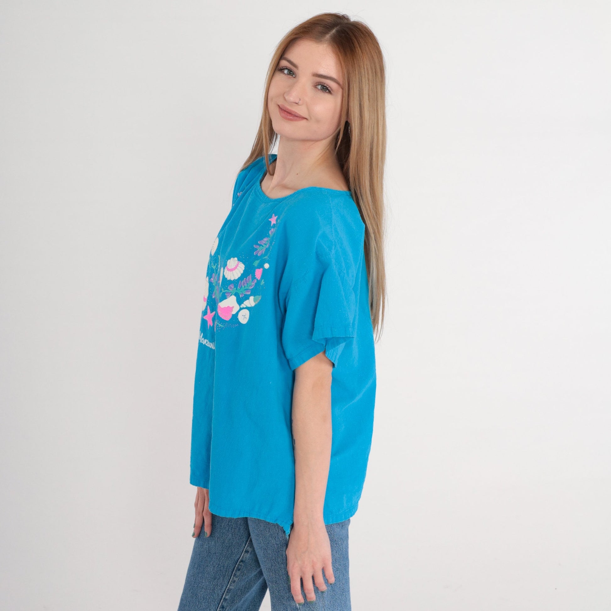 90s Manzanillo Mexico Blue Seashell Starfish Glitter Blouse Extra Large XL