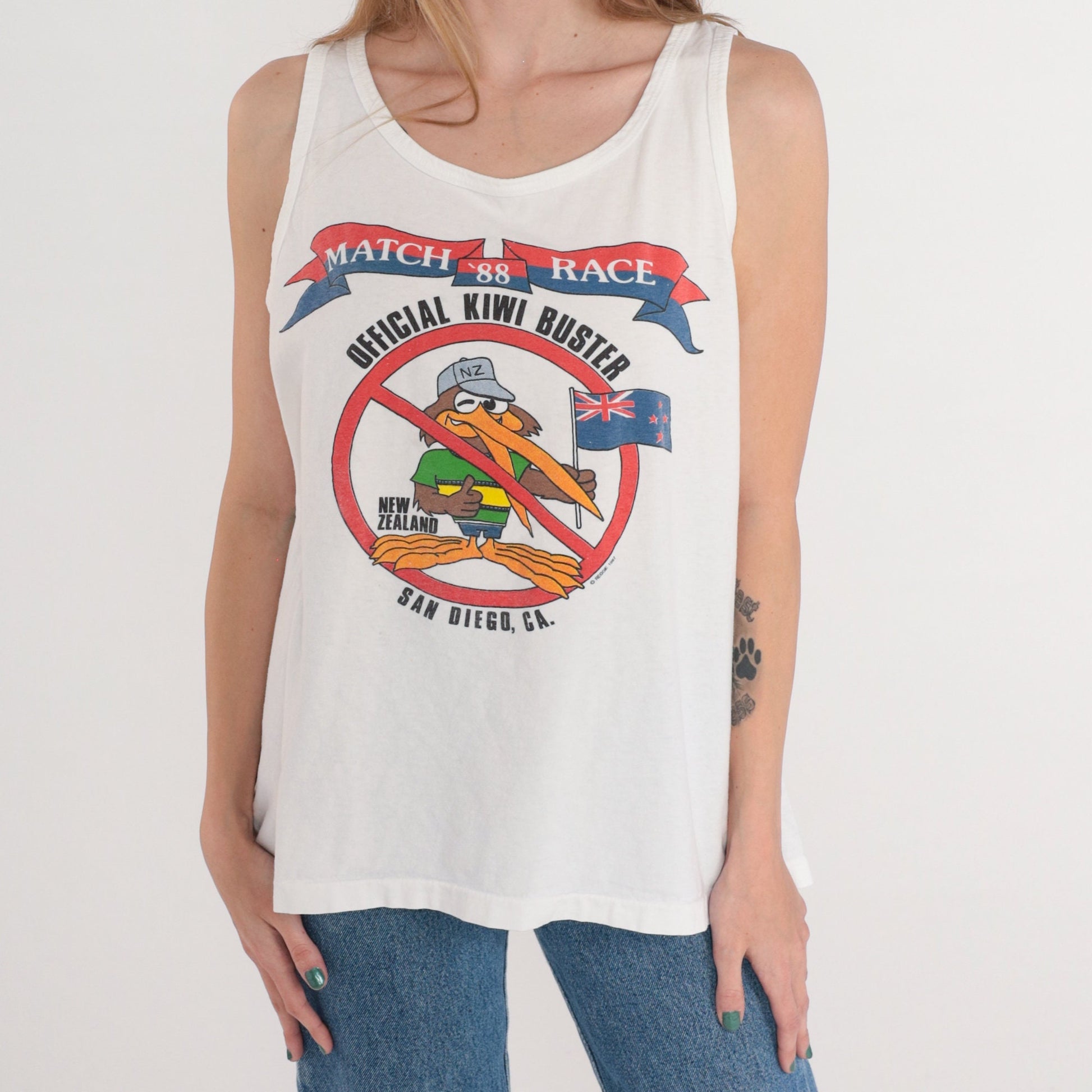 1988 America's Cup Match Race Tank Top Kiwi Buster Graphic White Large