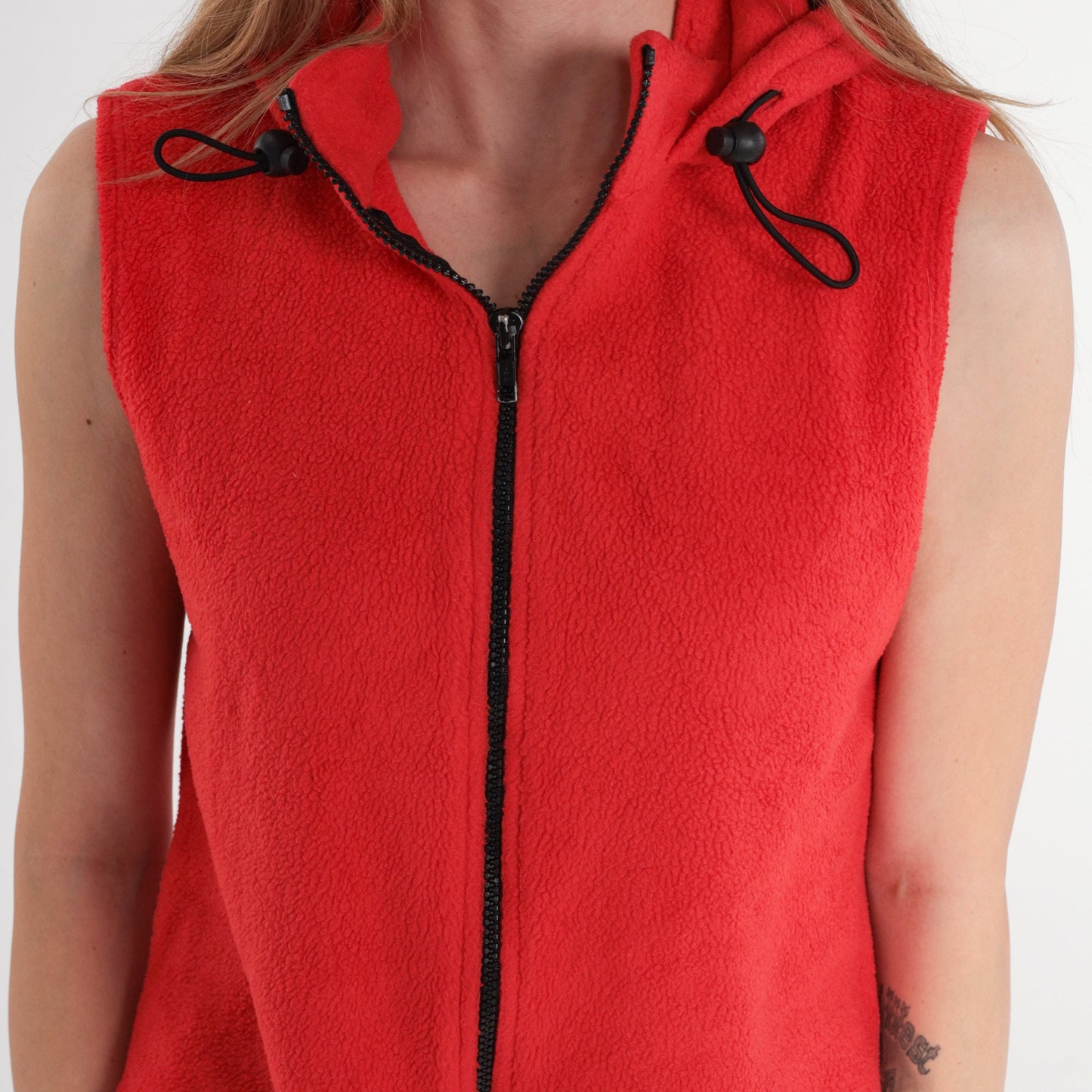 90s Forever 21 Red Fleece Hooded Zip Vest Small