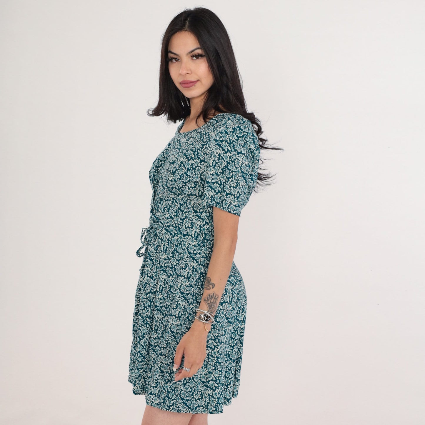 90s Blue Green Ditsy Floral Mini Dress Lace Up Corset Short Sleeve Medium