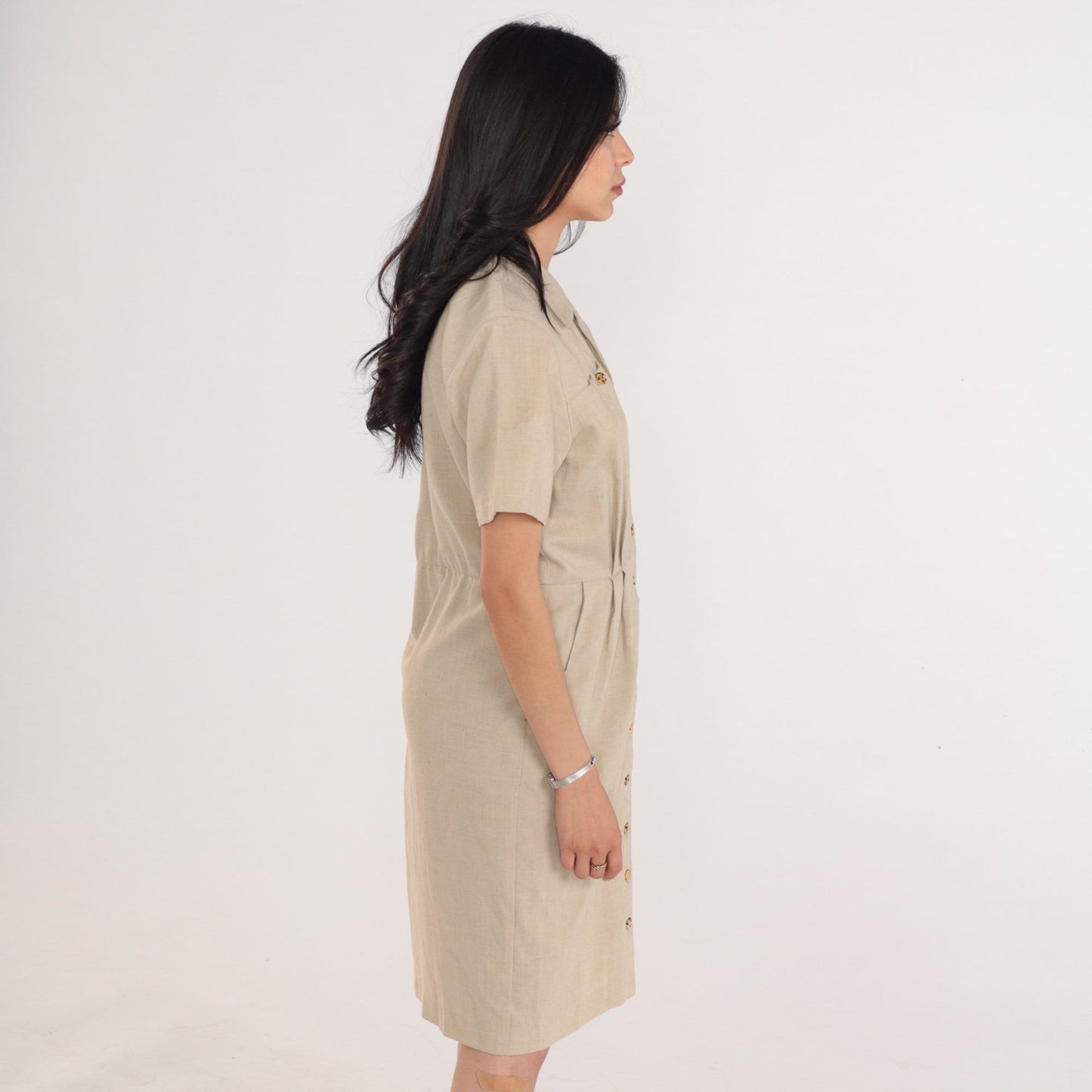 90s Tan Linen Button-Up Mini Dress Collared Sheath Petite Medium
