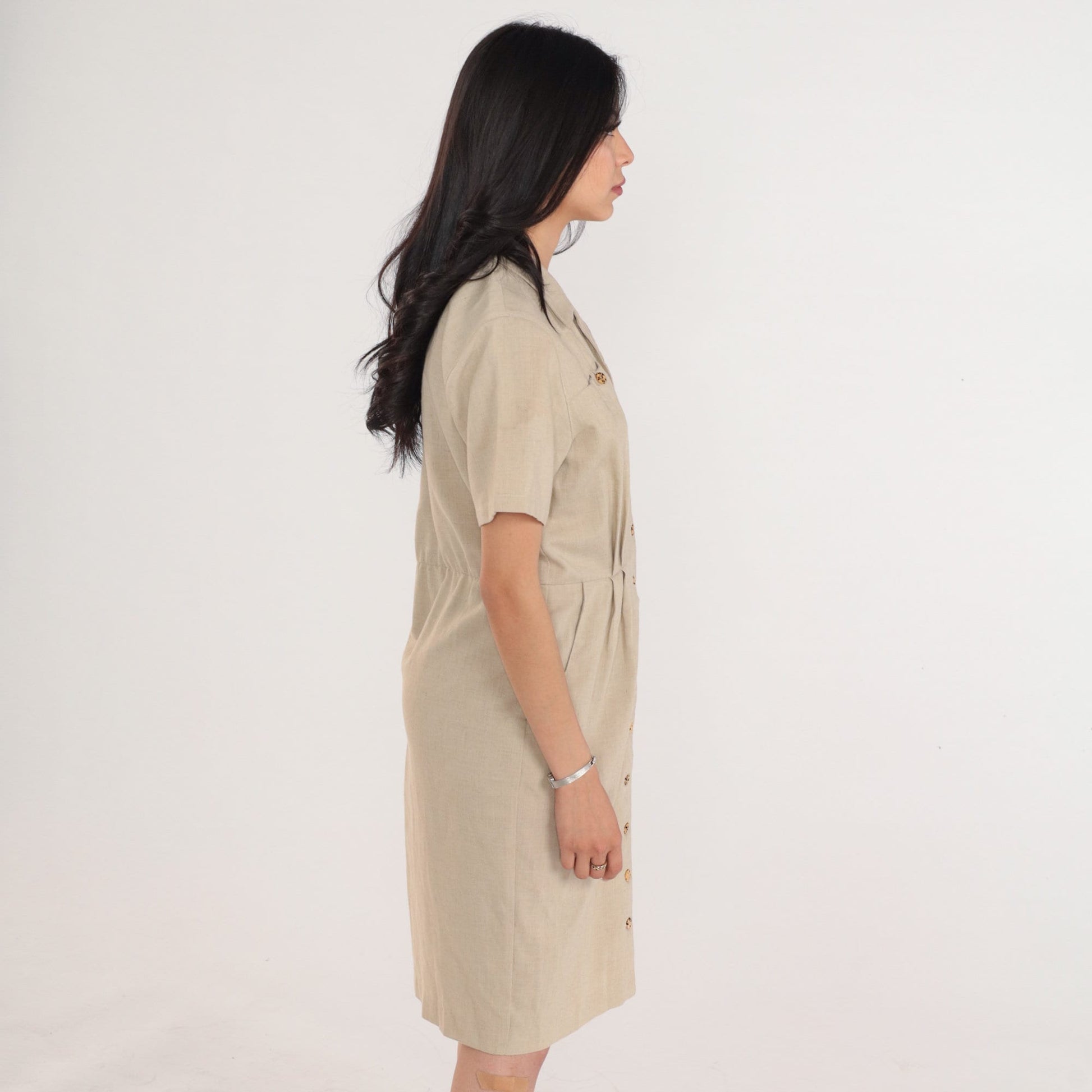90s Tan Linen Button-Up Mini Dress Collared Sheath Petite Medium