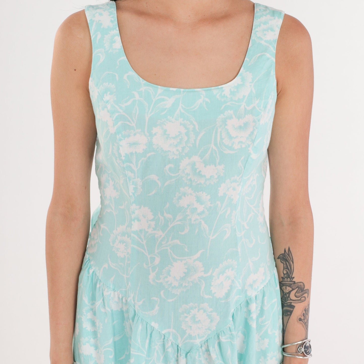 80s Joni Blair Floral Midi Sundress Light Aqua Cotton Basque Waist Small