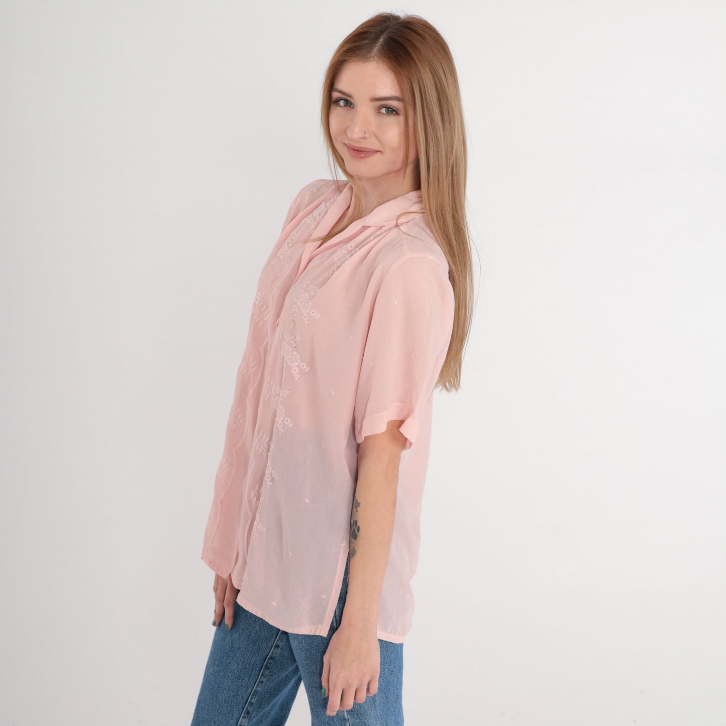 80s Pink Floral Embroidered Blouse Puff Sleeve Button-Up Collared Large