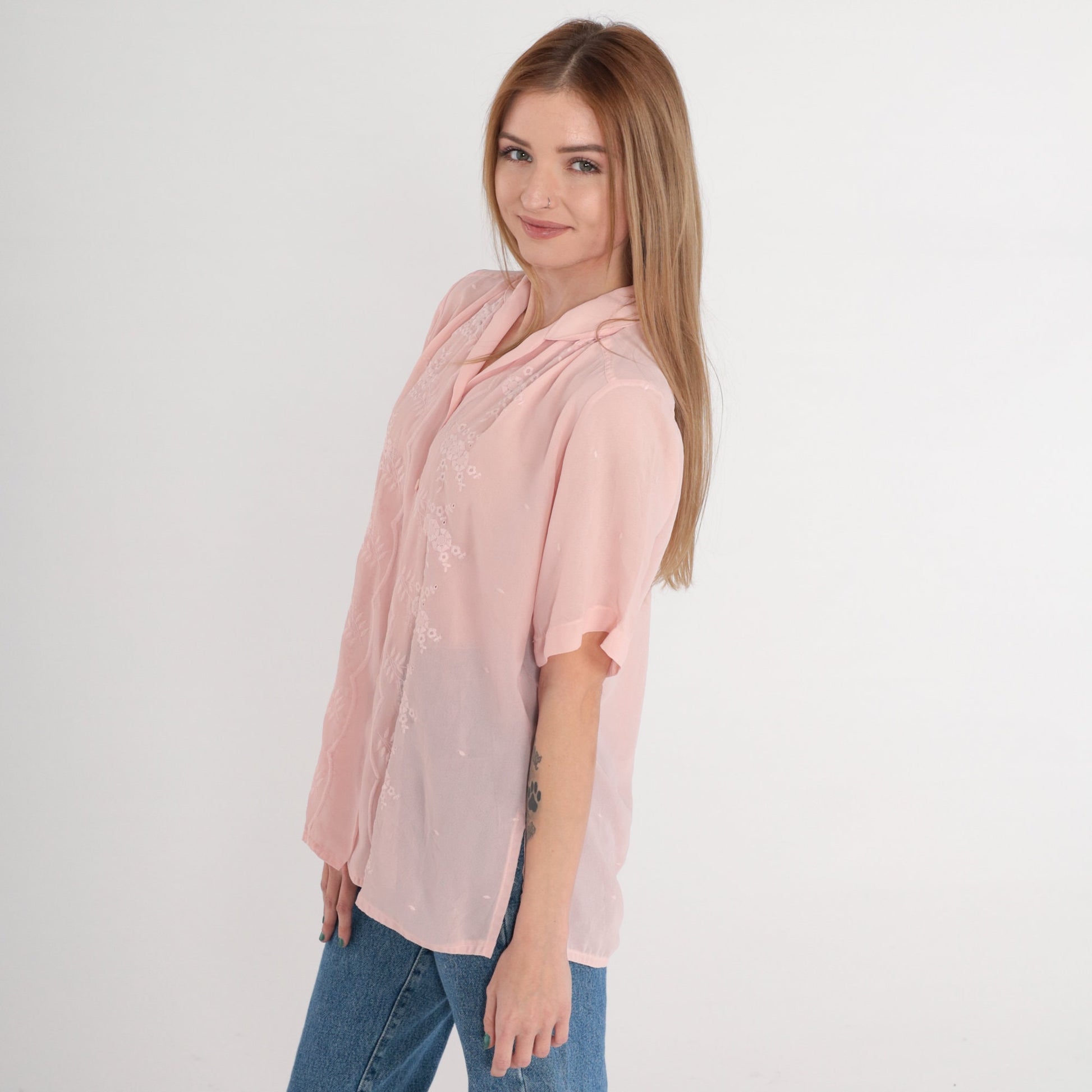 80s Pink Floral Embroidered Blouse Puff Sleeve Button-Up Collared Large