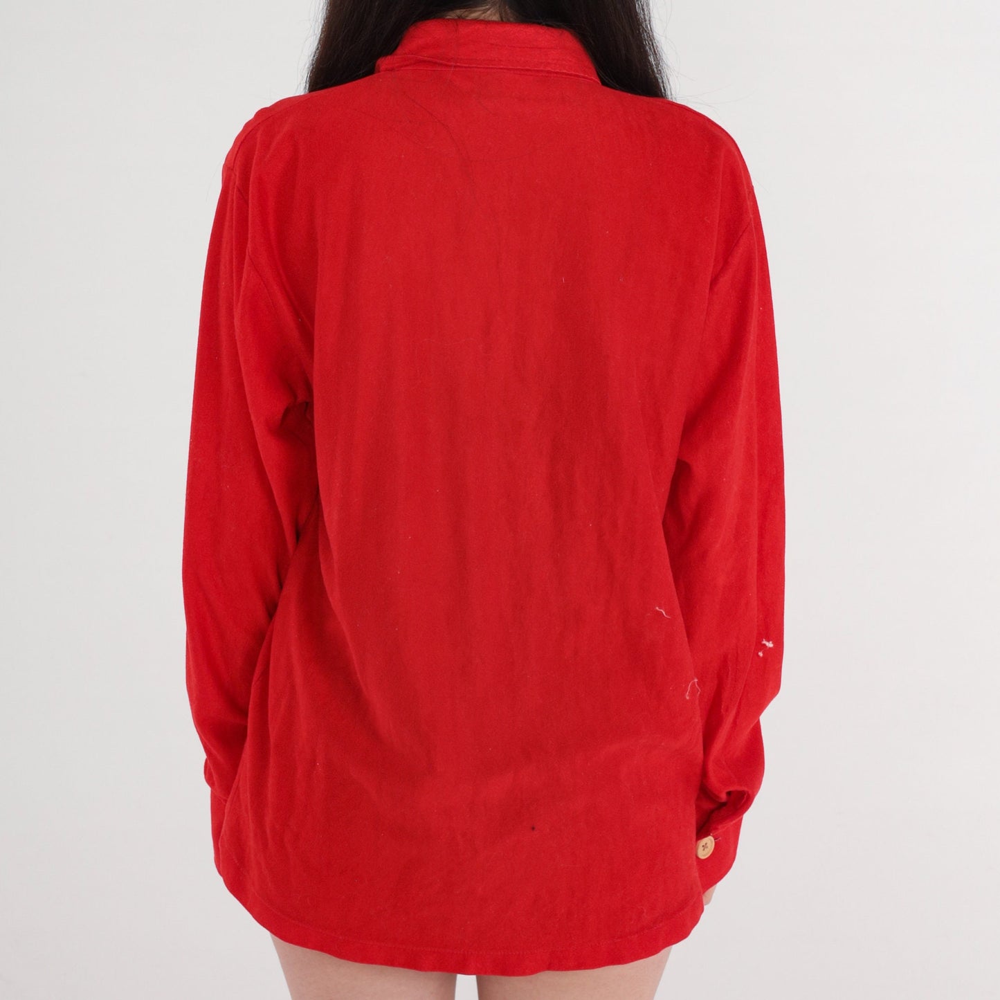 70s Red Velour Polo Shirt Long Sleeve Dagger Collar Quarter Button Large