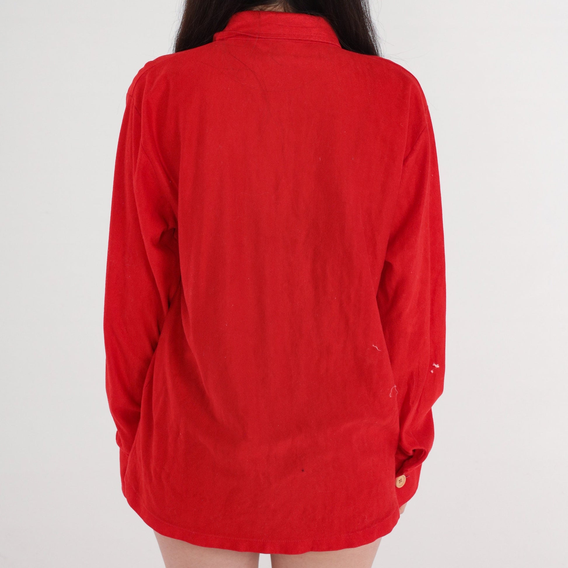 70s Red Velour Polo Shirt Long Sleeve Dagger Collar Quarter Button Large