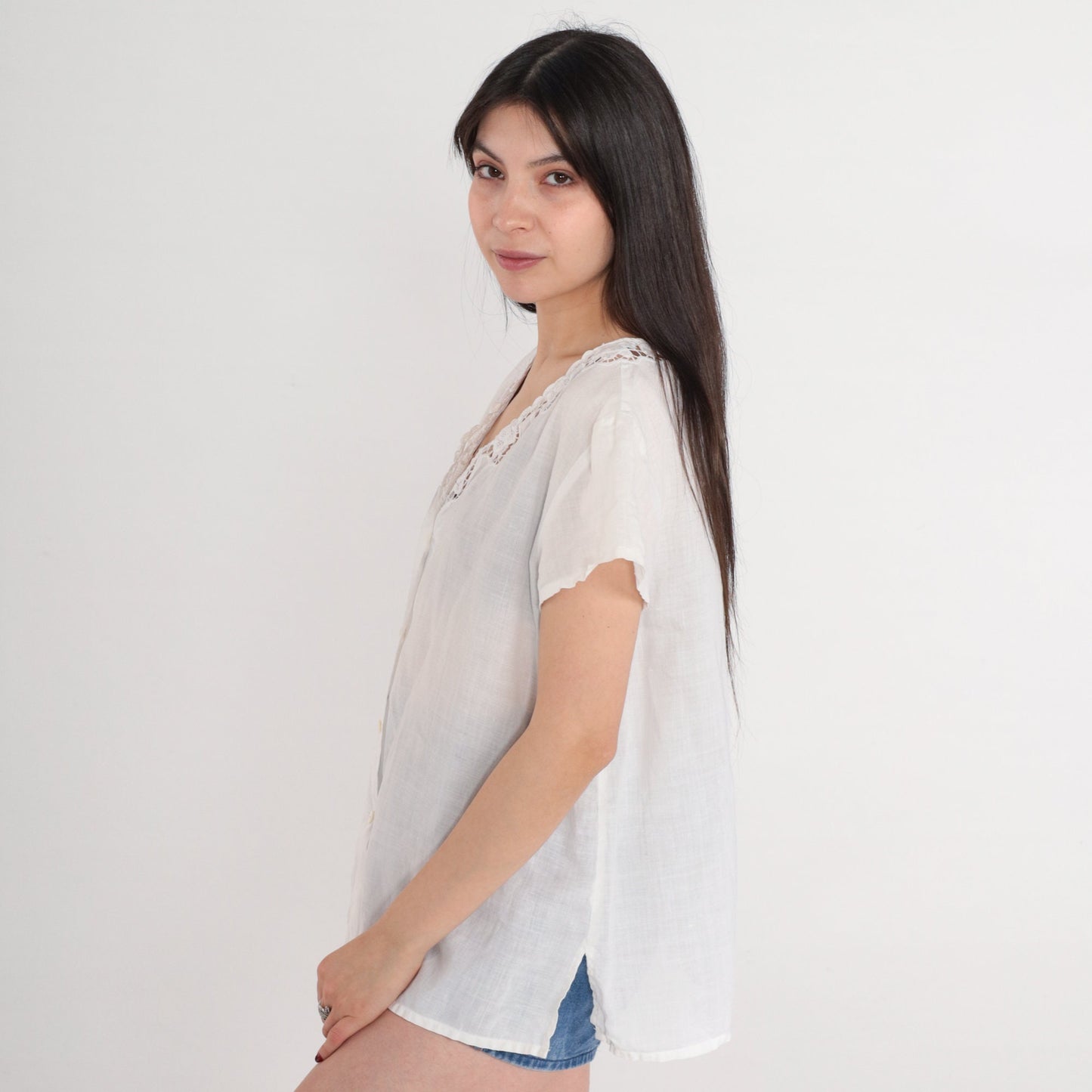 90s White Floral Cutout Ramie Blouse Short Sleeve Button Up Medium M