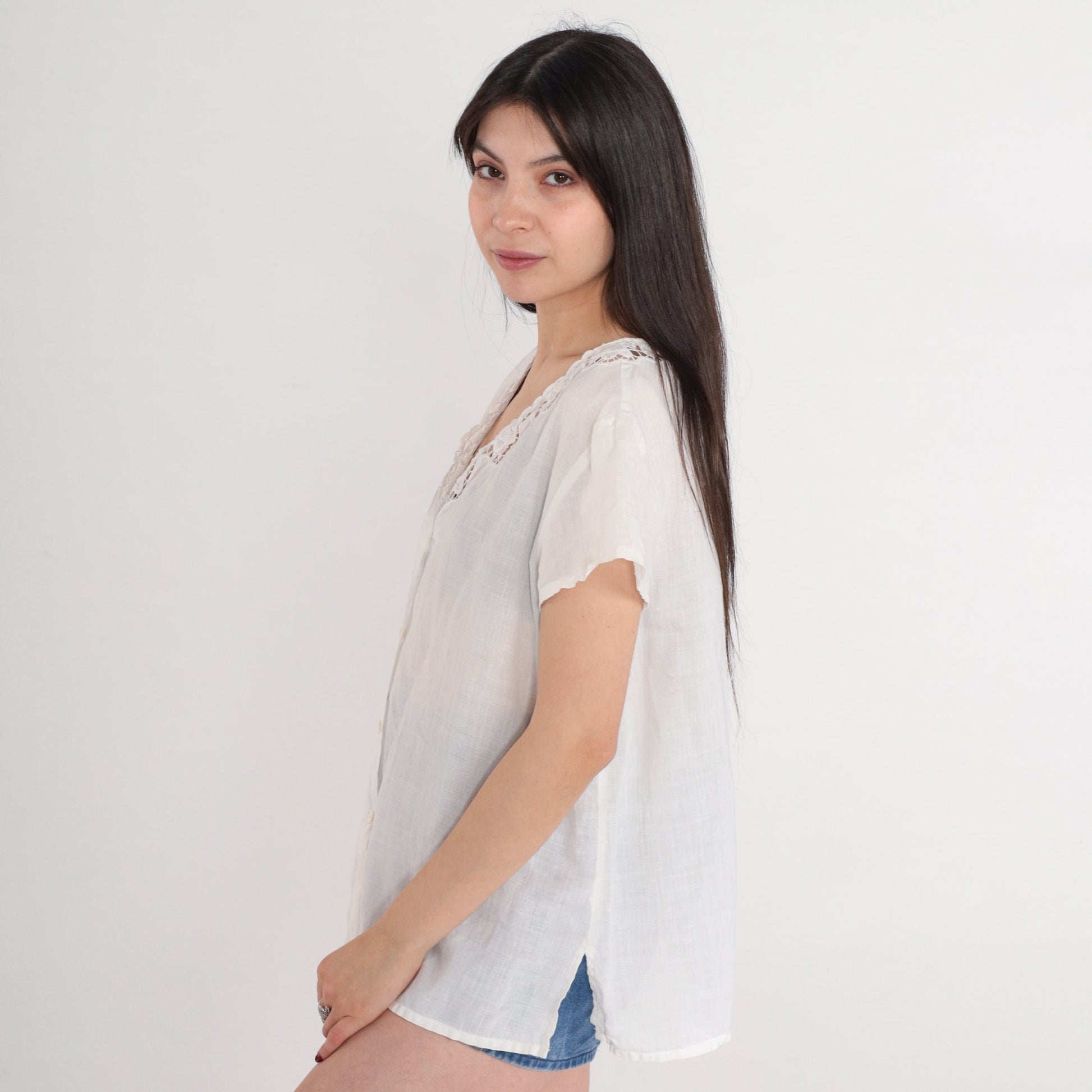 90s White Floral Cutout Ramie Blouse Short Sleeve Button Up Medium M