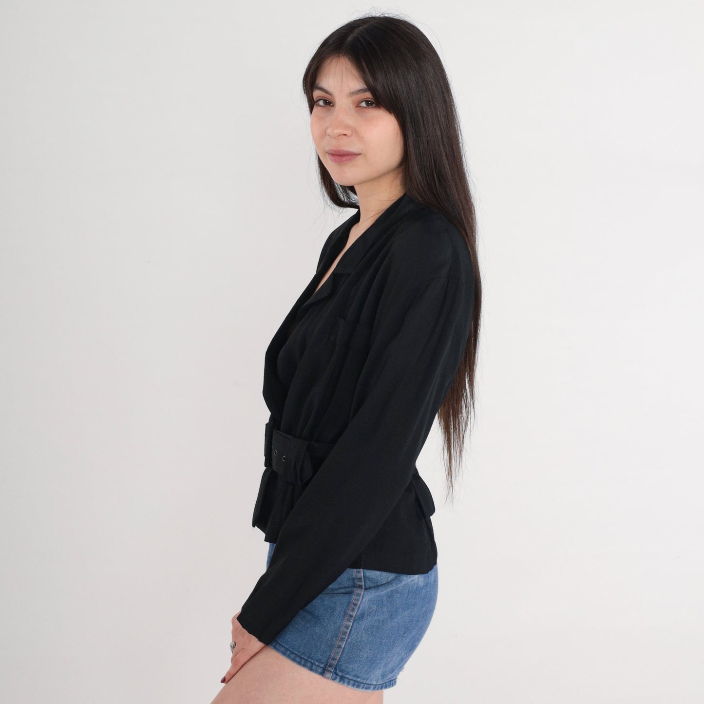 90s Joule Black Blazer Deep V Neck Belted Structured Jacket Small
