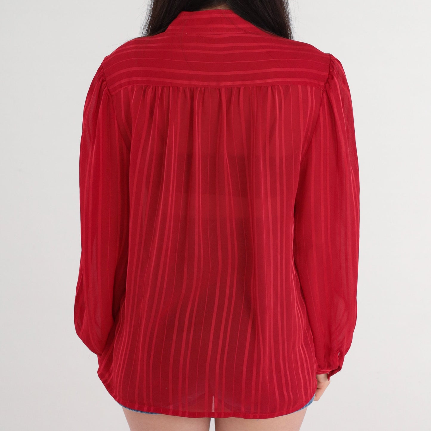 70s Red Striped Blouse Puff Sleeve Button-Up Semi-Sheer Long Sleeve Large L