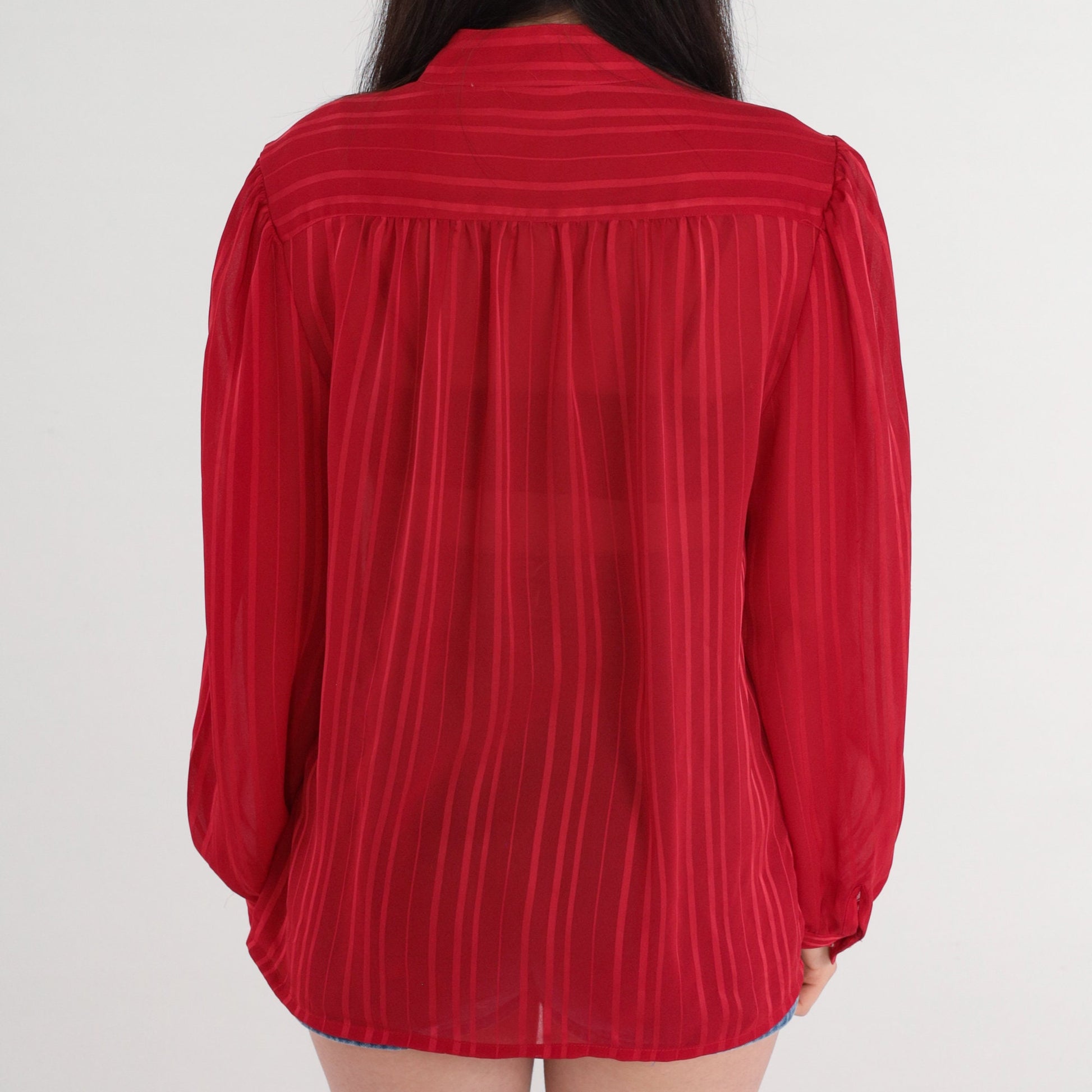 70s Red Striped Blouse Puff Sleeve Button-Up Semi-Sheer Long Sleeve Large L
