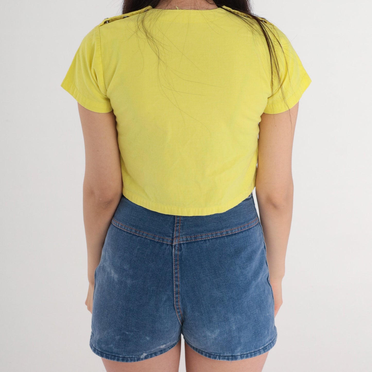 70s Yellow Crop Top Rainbow Patch Pearl Snap Shoulders XXS