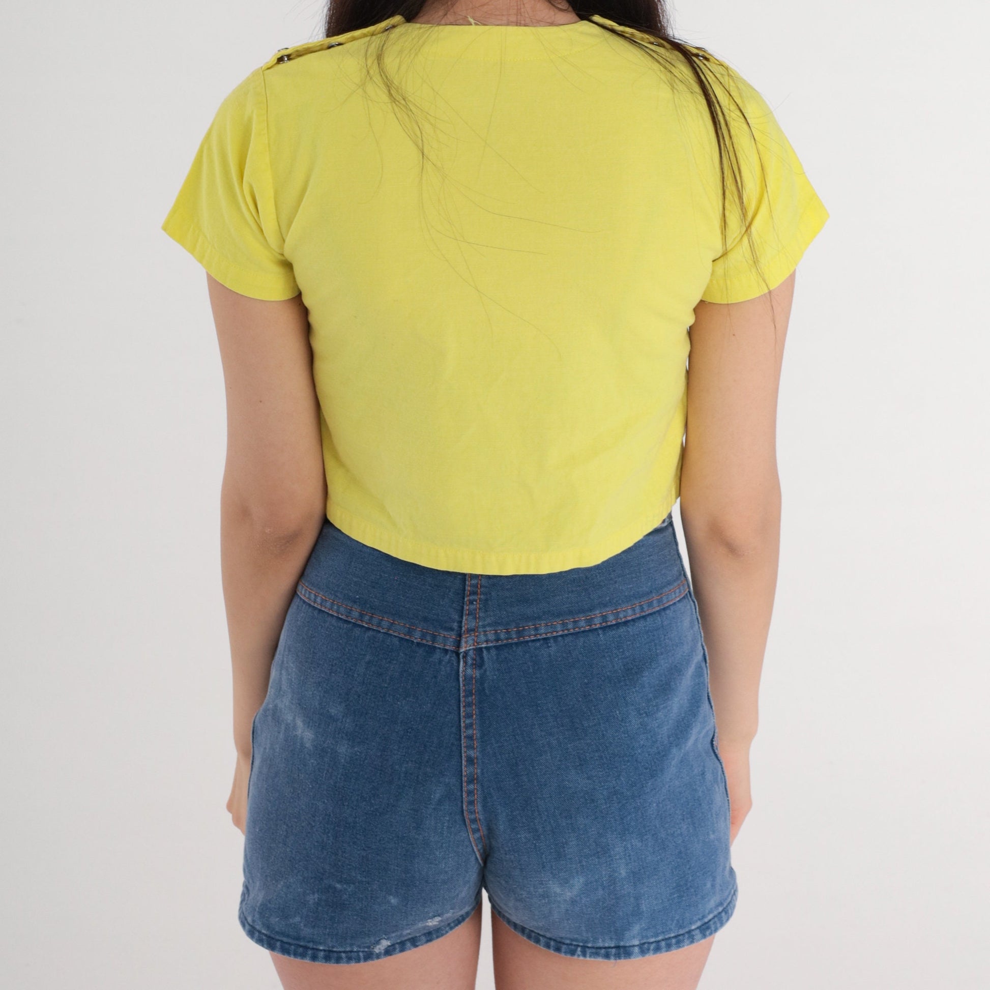 70s Yellow Crop Top Rainbow Patch Pearl Snap Shoulders XXS
