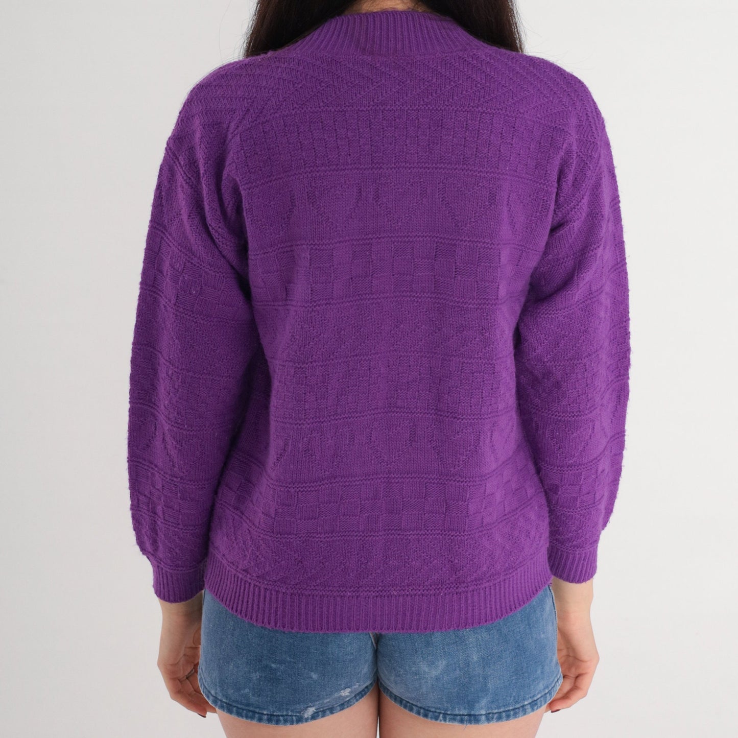 80s Purple Cardigan Textured Knit Button-Up Sweater Heart Chevron Small