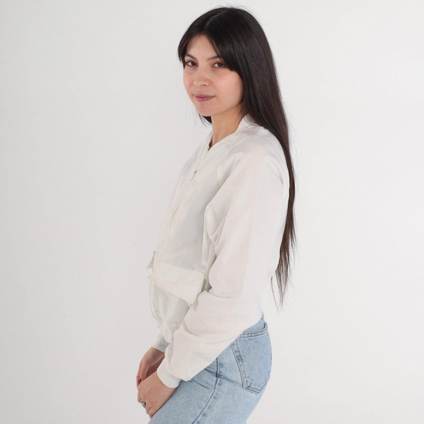 70s White Bomber Jacket Raglan Sleeve Zip Front Small