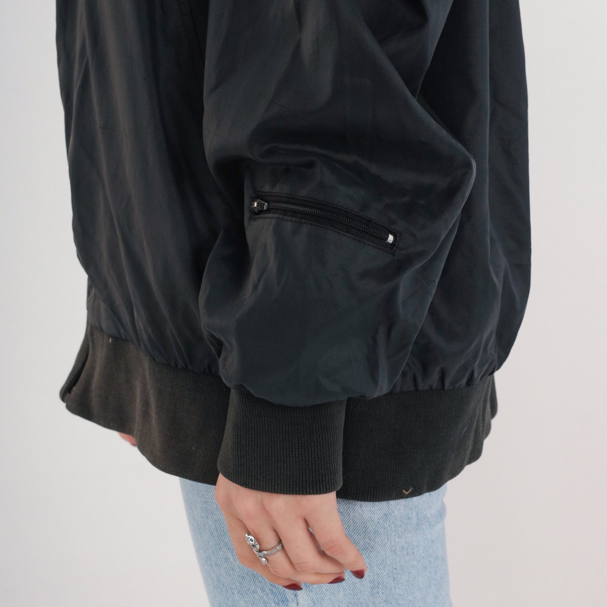 80s Tropic Fish Vegetable Logo Bomber Jacket Black Nylon Zip Windbreaker Large L