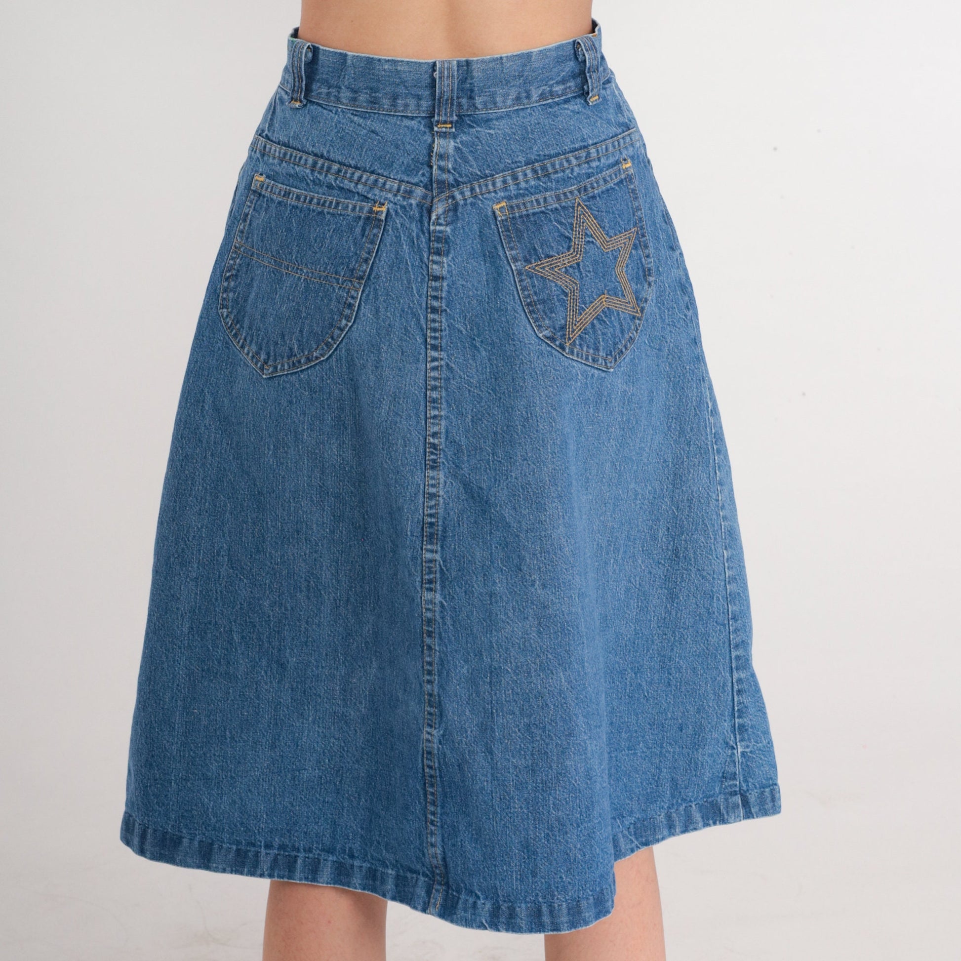 80s Blue Denim Midi Skirt A-Line High Waist Star Pocket Small