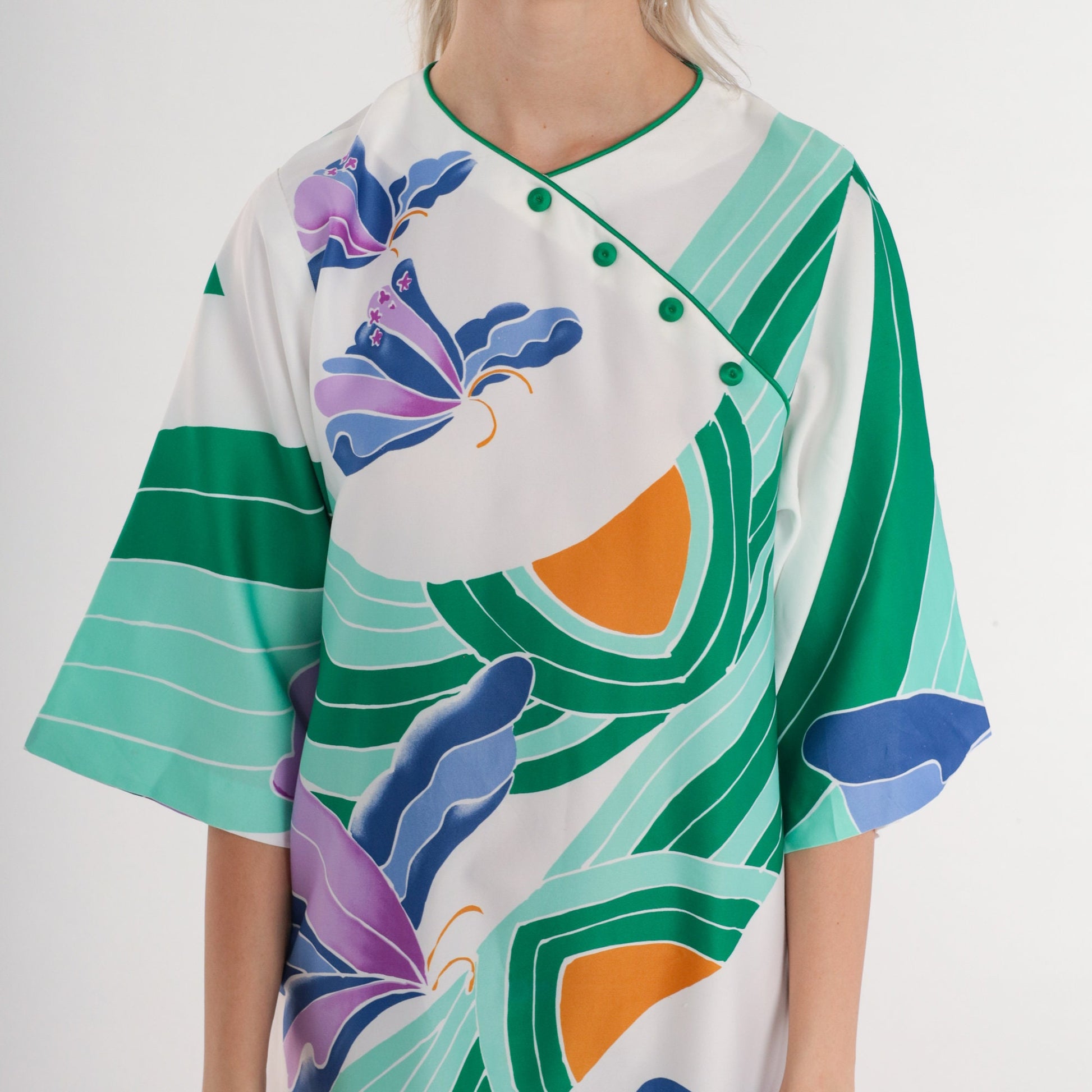 70s Butterfly Maxi Dress White Green Purple Psychedelic Print Button Front XS