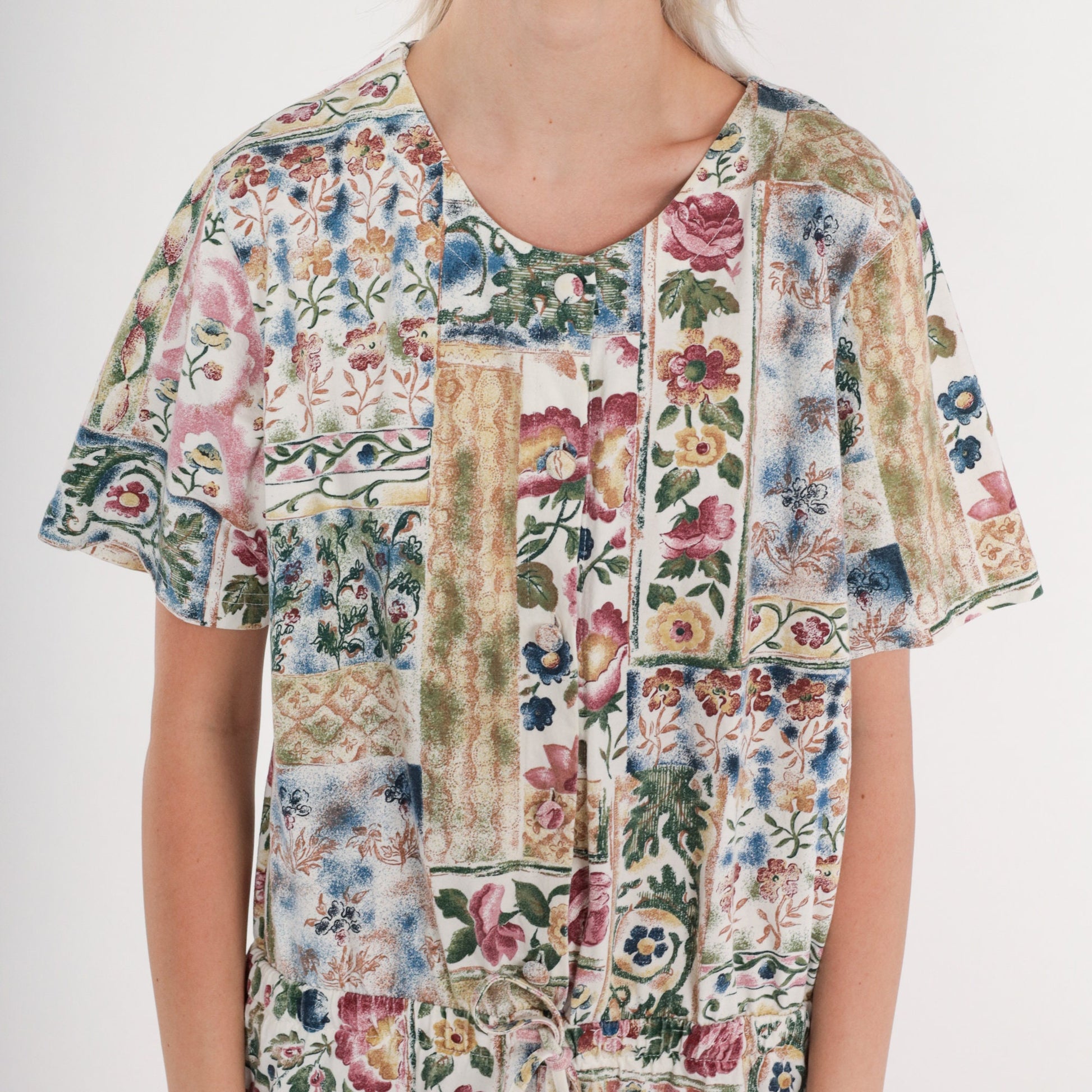 90s New Look Floral Button-Up Romper Knee-Length Wide Leg Cotton Medium M