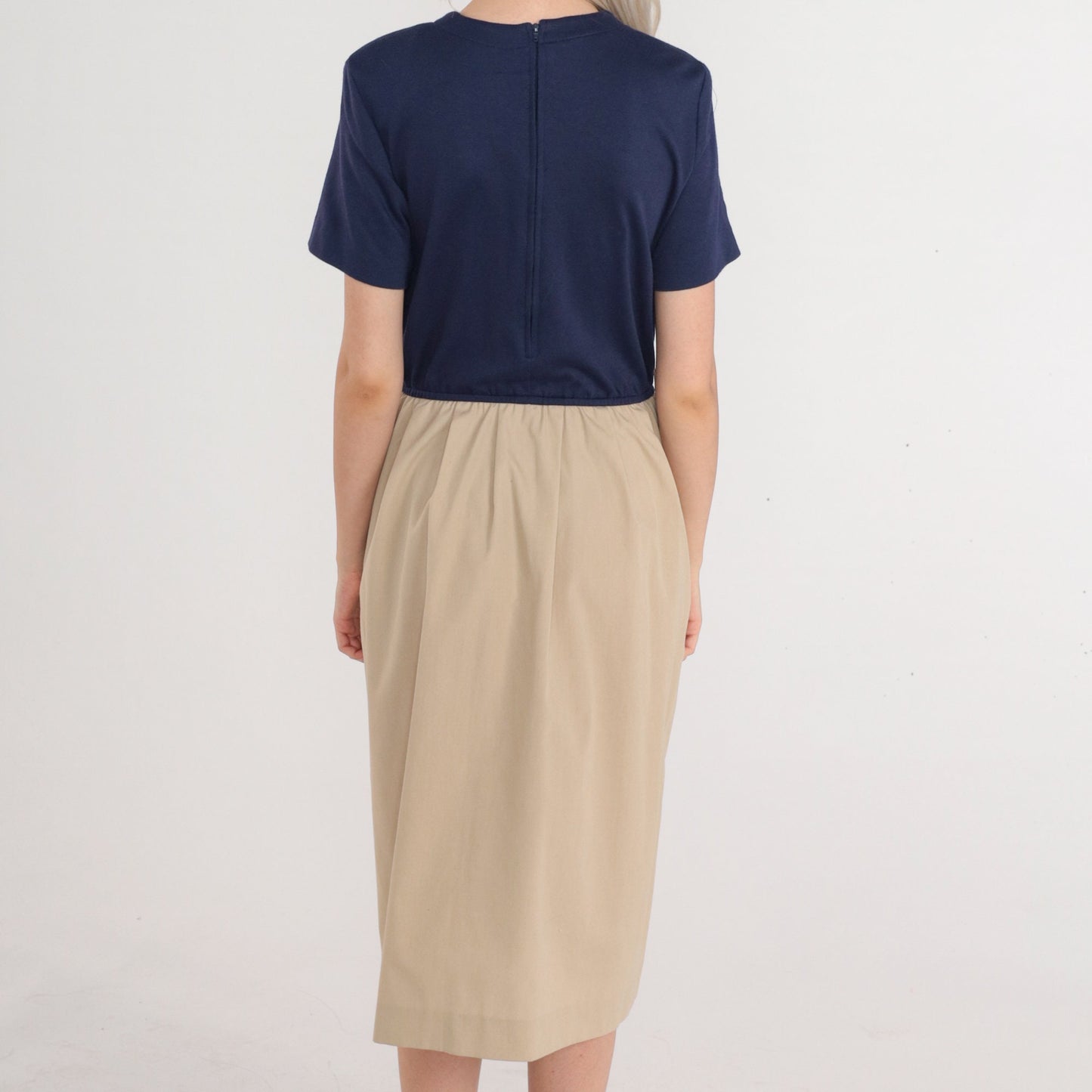 80s Colorblock Midi Dress Navy Tan High Waist Short Sleeve Medium