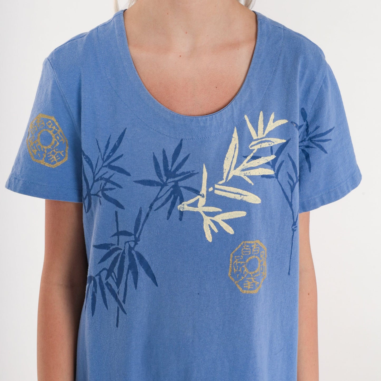 90s Bamboo Chinese Hanzi Print Cotton Midi Dress Blue Short Sleeve Large L