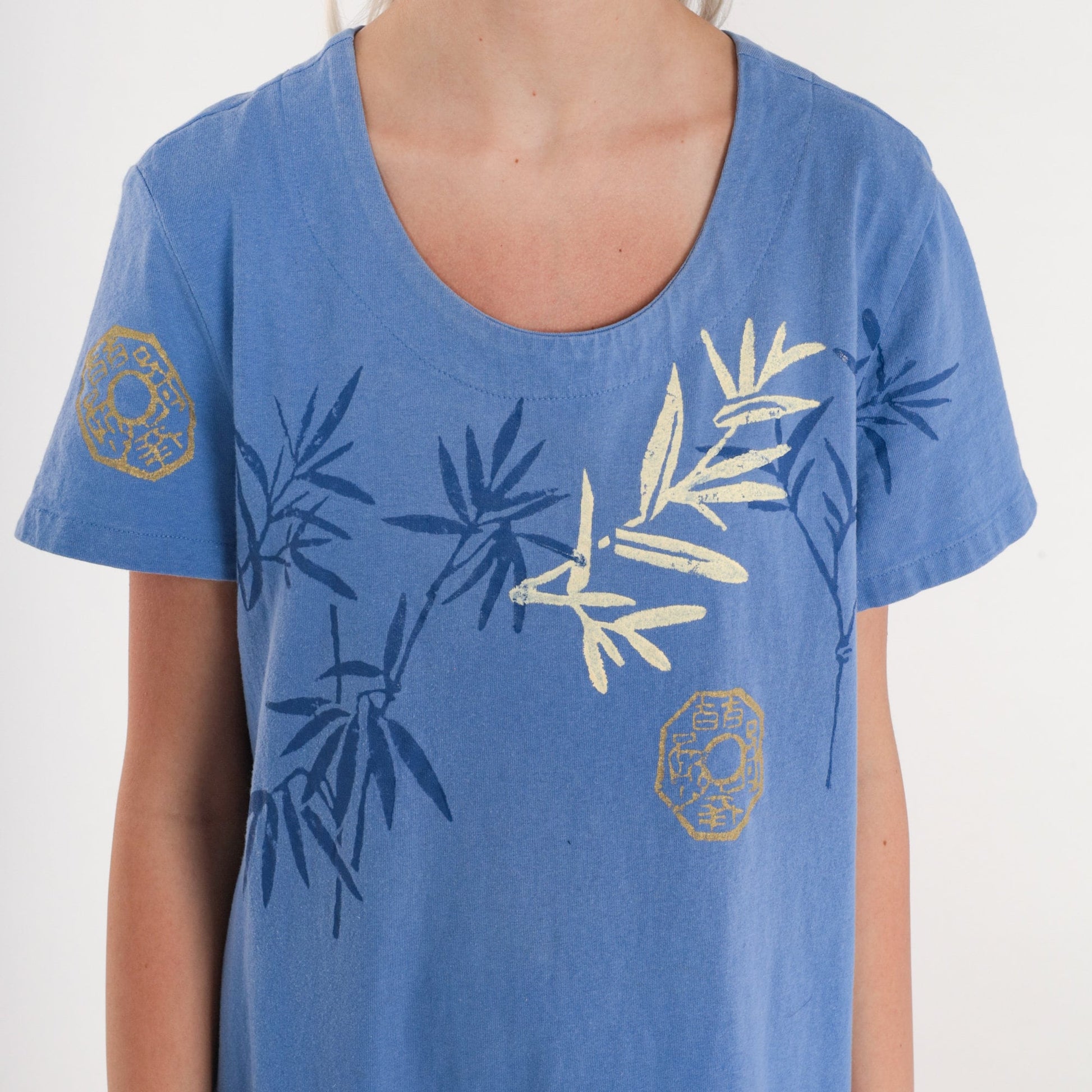 90s Bamboo Chinese Hanzi Print Cotton Midi Dress Blue Short Sleeve Large L