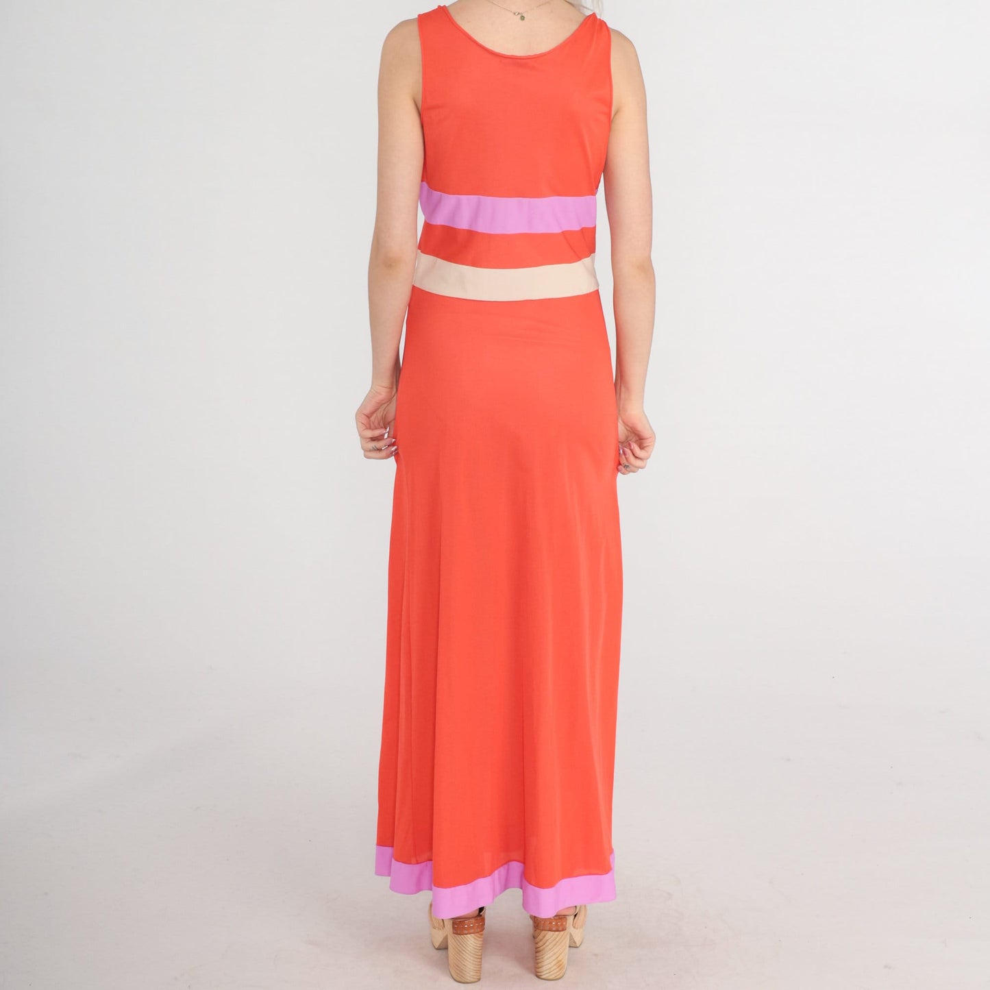 70s Orange Nylon Maxi Slip Dress Deep V Neck Empire Waist Nightgown Small