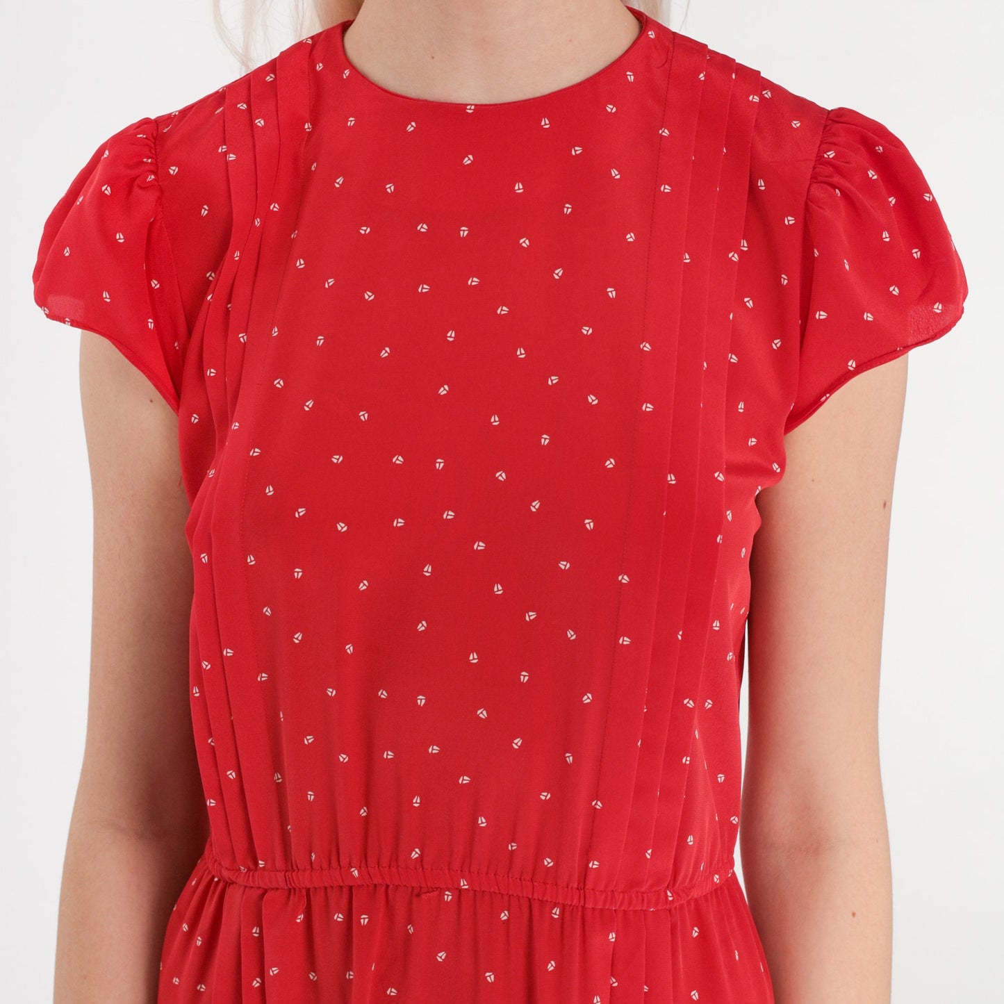 80s Red Sailboat Print Midi Dress Cap Puff Sleeve High Waist Extra Small
