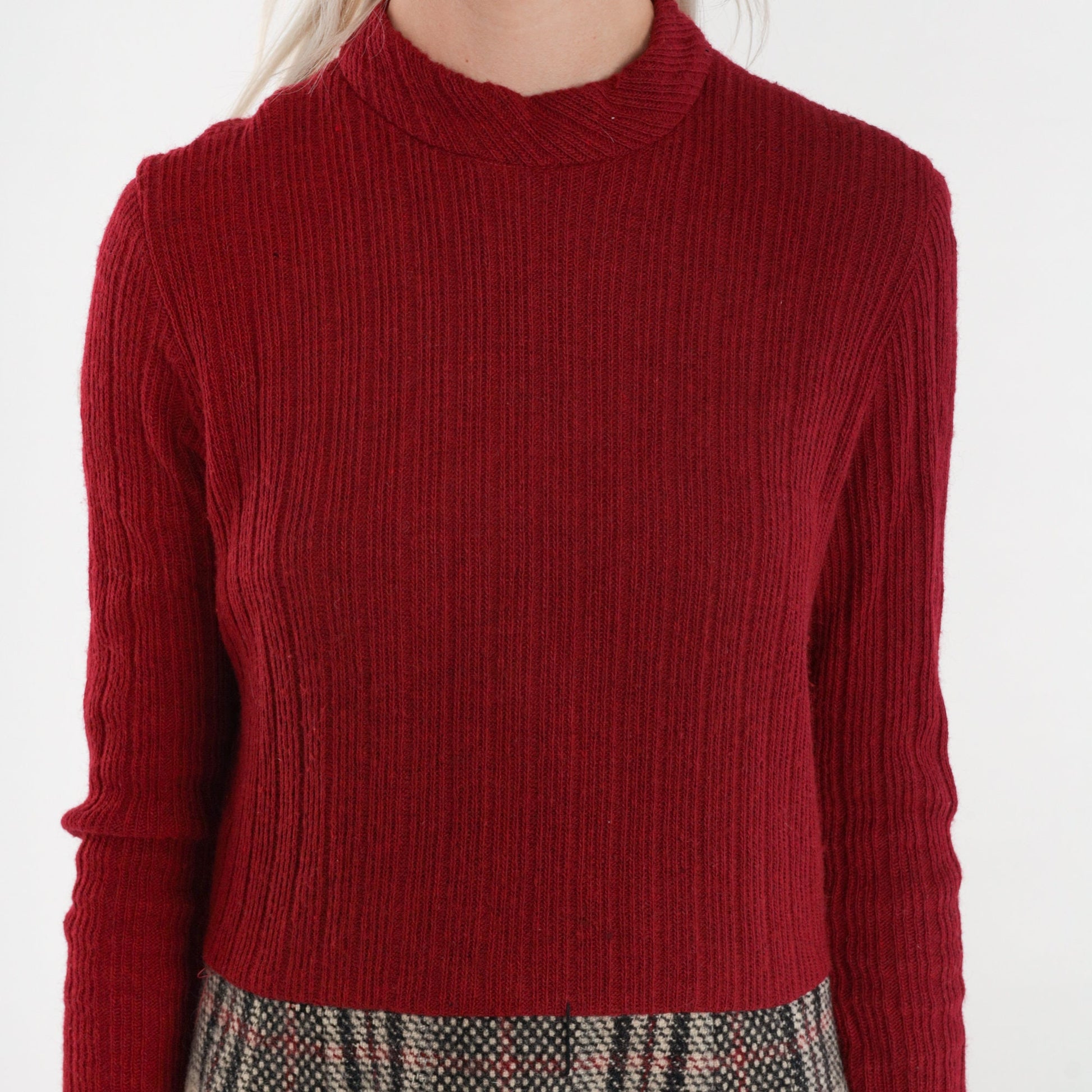 60s Dark Red Plaid Wool Blend Midi Dress Mock Neck Long Sleeve Medium