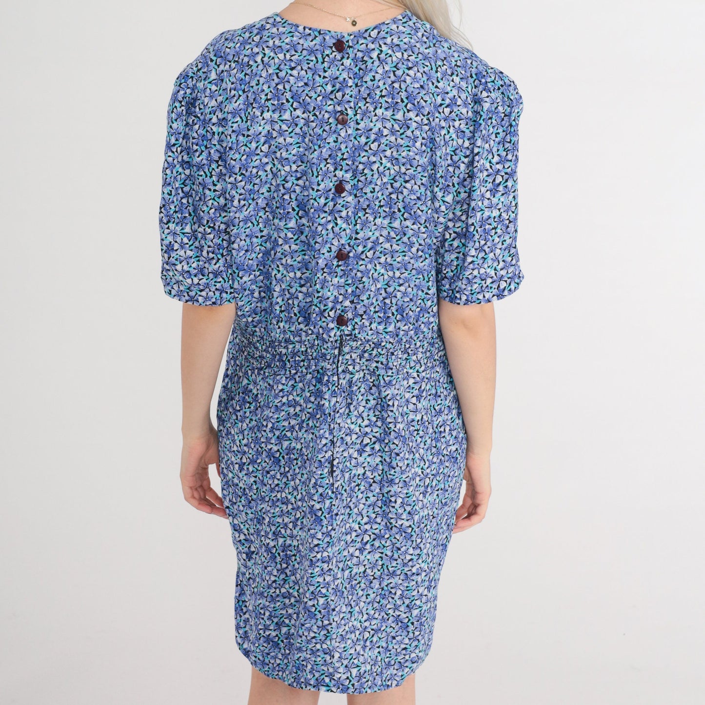 80s Purple Floral Mini Dress High Waist Puff Sleeve Button Back Large L