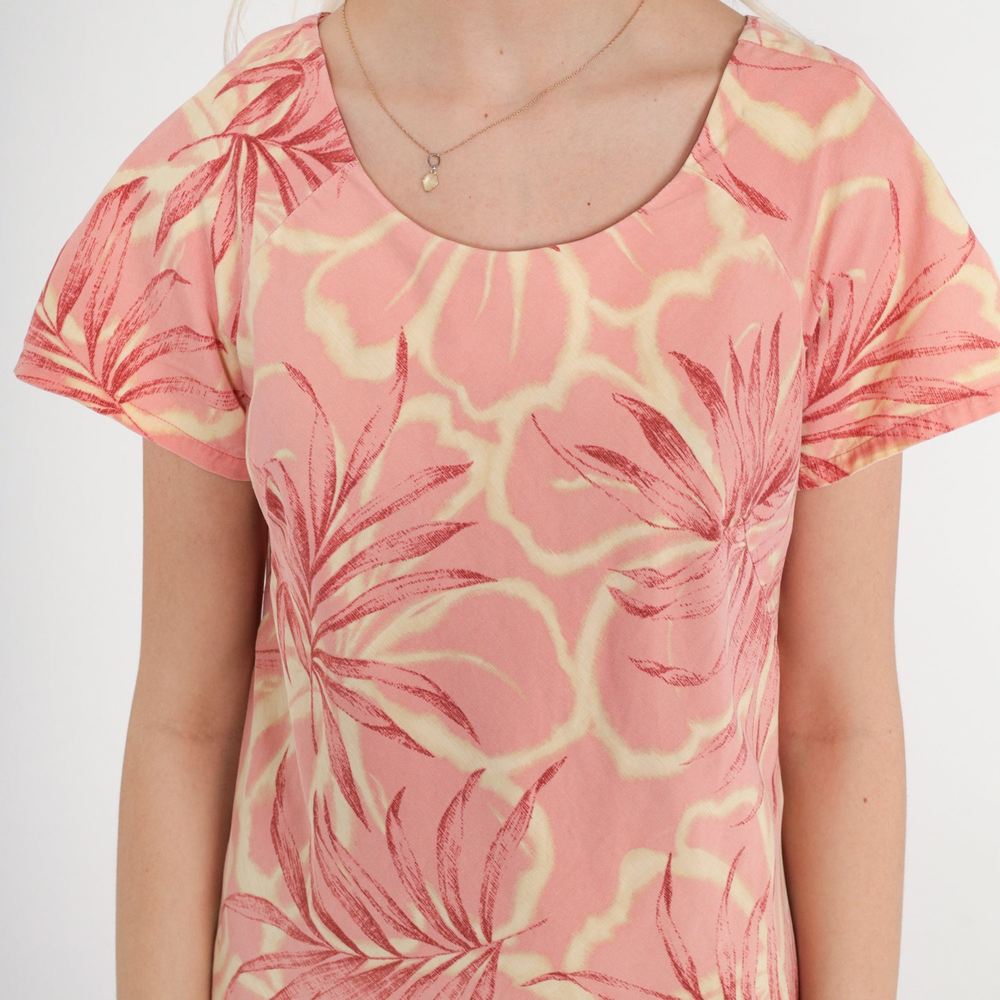 Y2K Iolani Tropical Floral Mini Dress Pink Short Sleeve Shift Small S