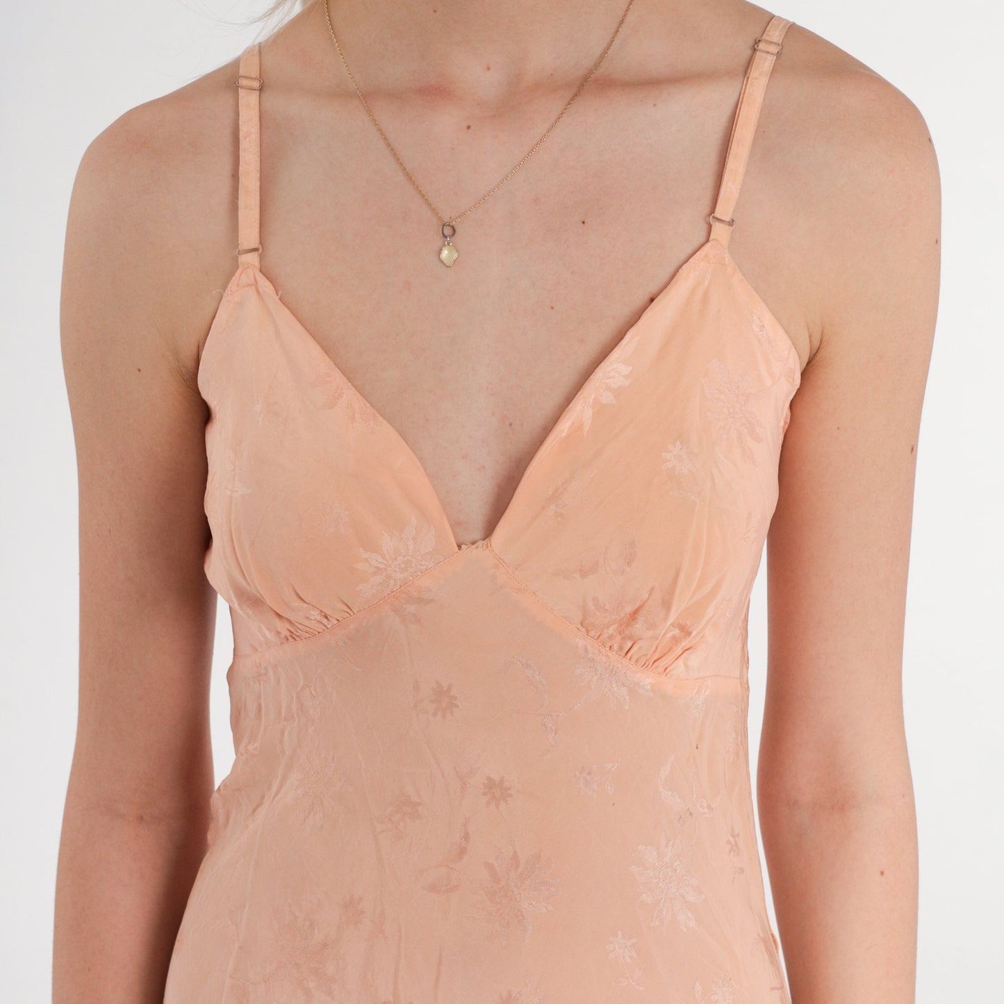 40s Silk Slip Dress Peach Floral Embossed Empire Waist Spaghetti Strap Mini XS