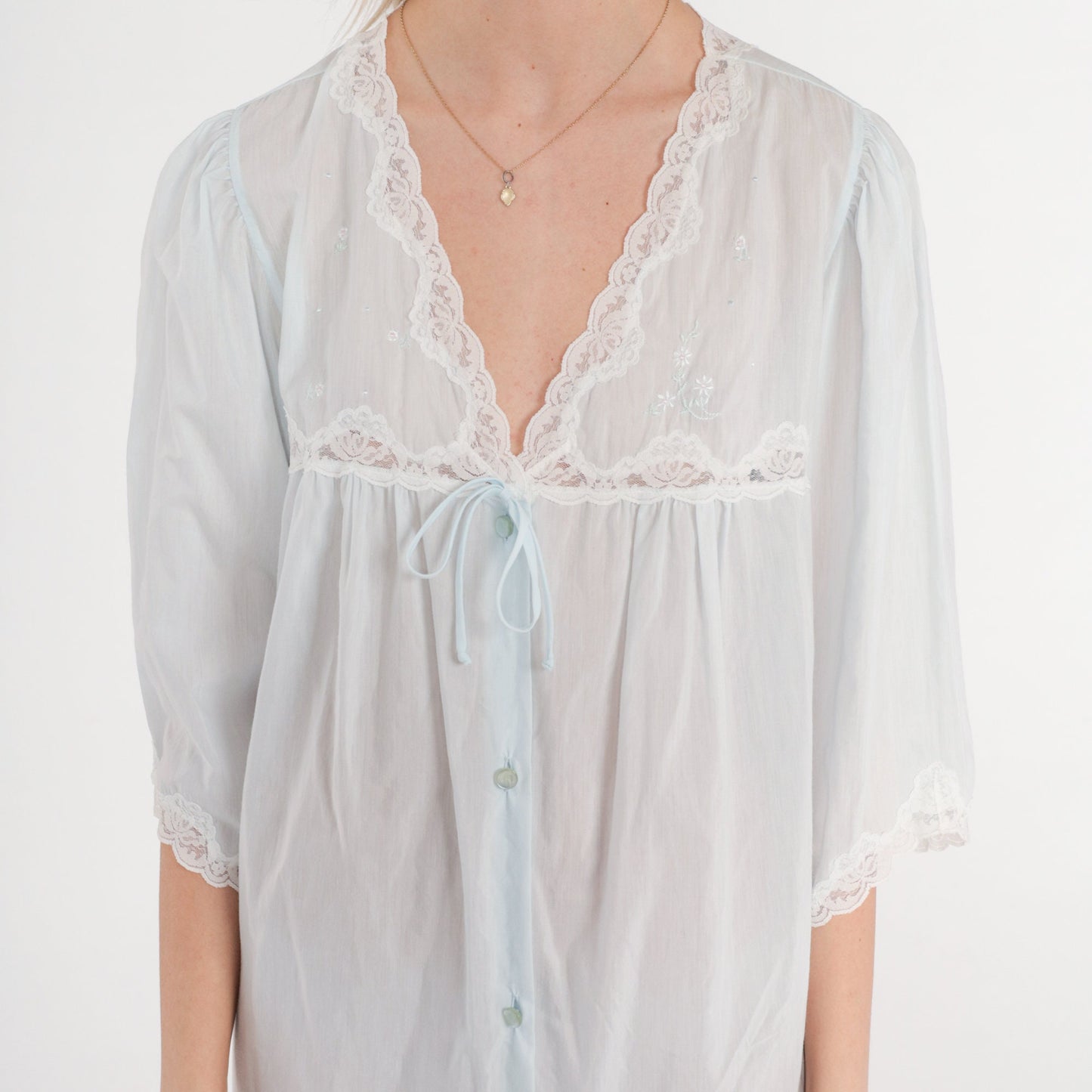 90s Pastel Blue Lace Nightgown Semi-Sheer Button-Front Midi Nightie Large L