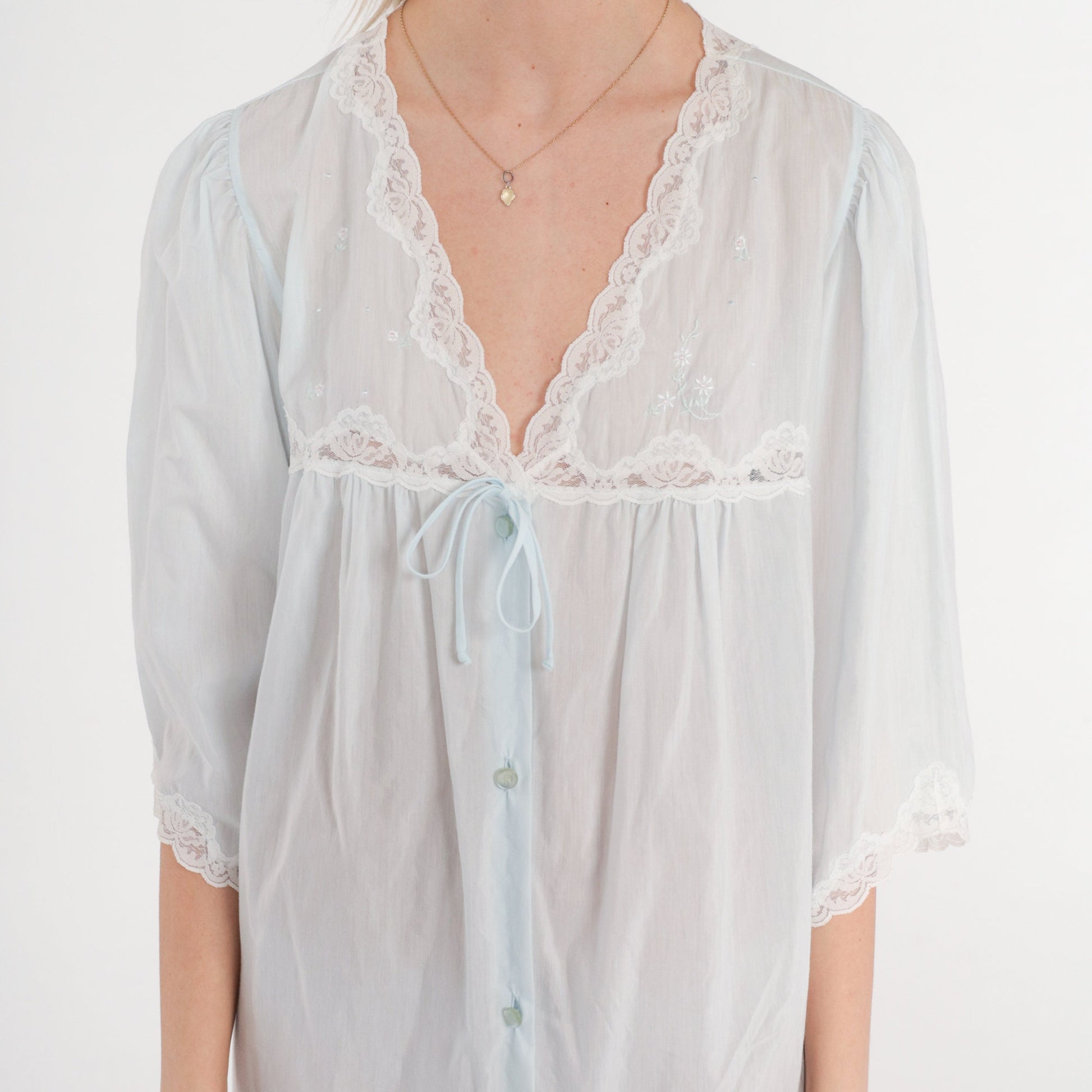 90s Pastel Blue Lace Nightgown Semi-Sheer Button-Front Midi Nightie Large L